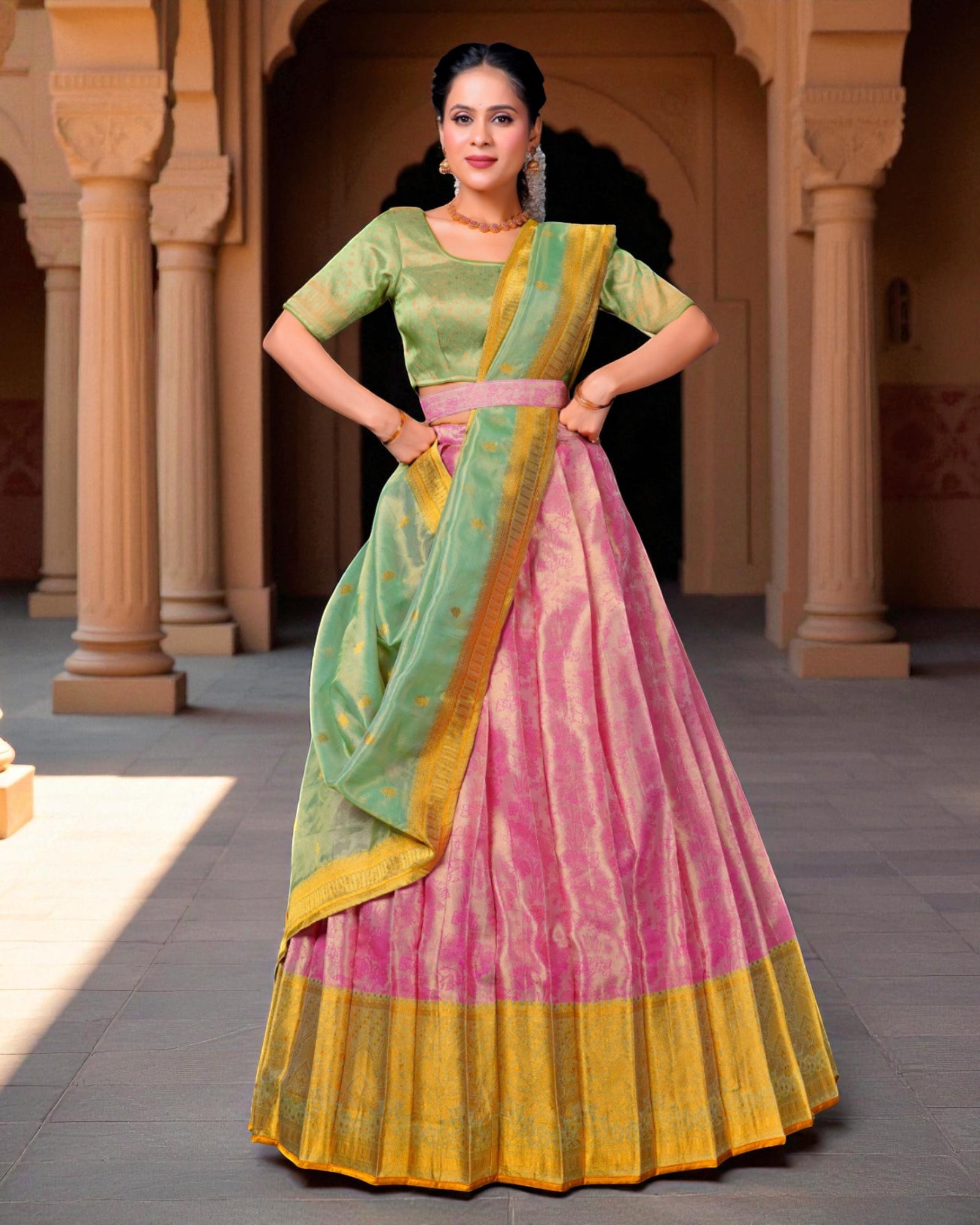 Pink Semi Stitched Half Saree With Zari Embroidery