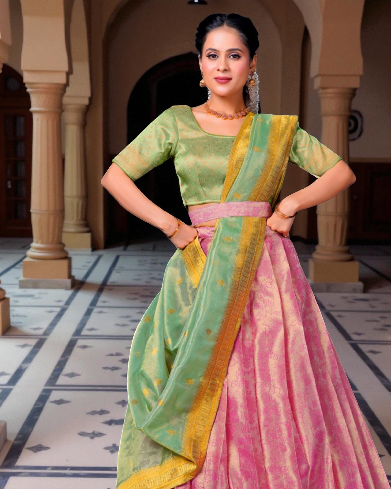 Pink Semi Stitched Half Saree With Zari Embroidery