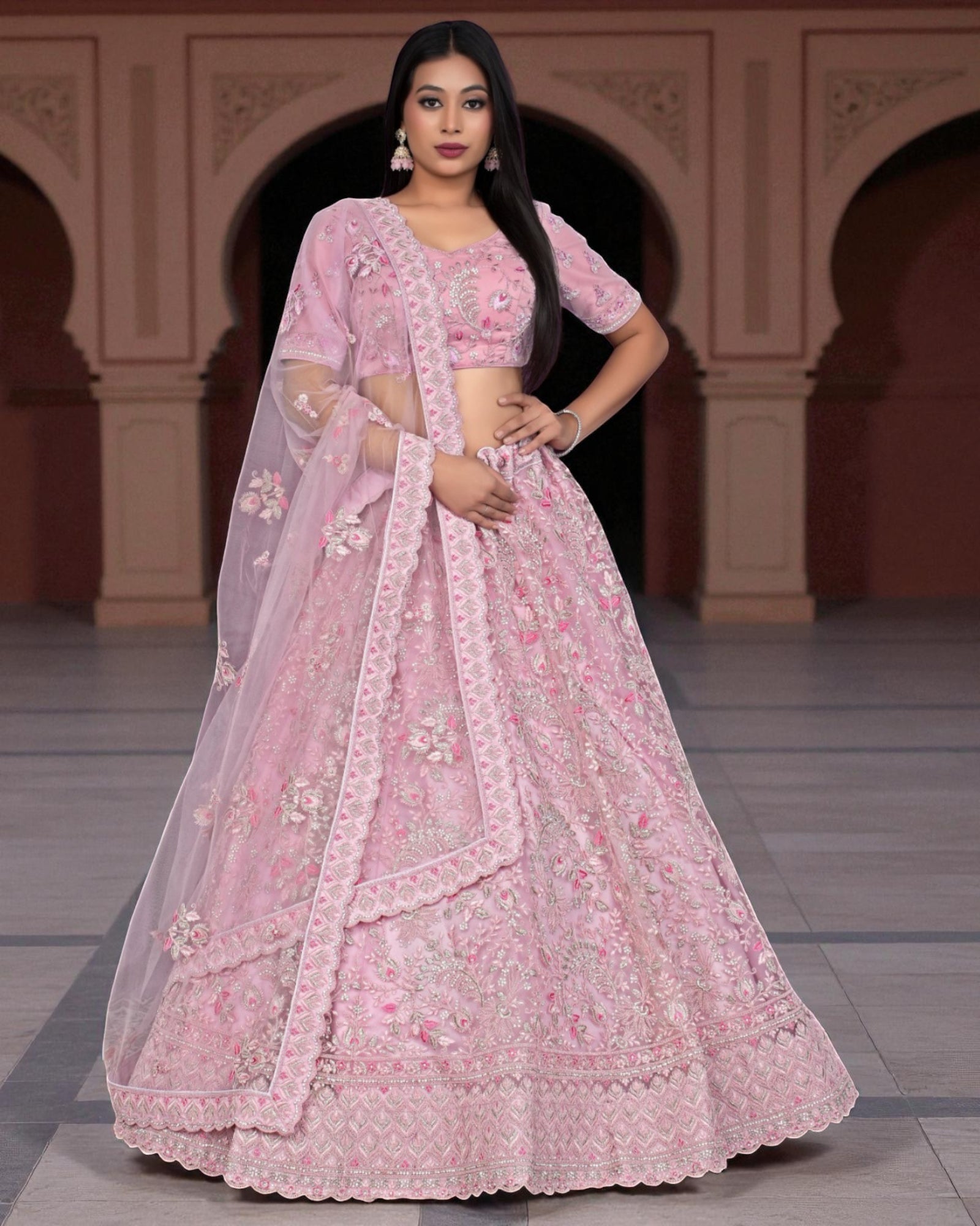 Baby Pink Cotton Semi Stitched Lehenga Set