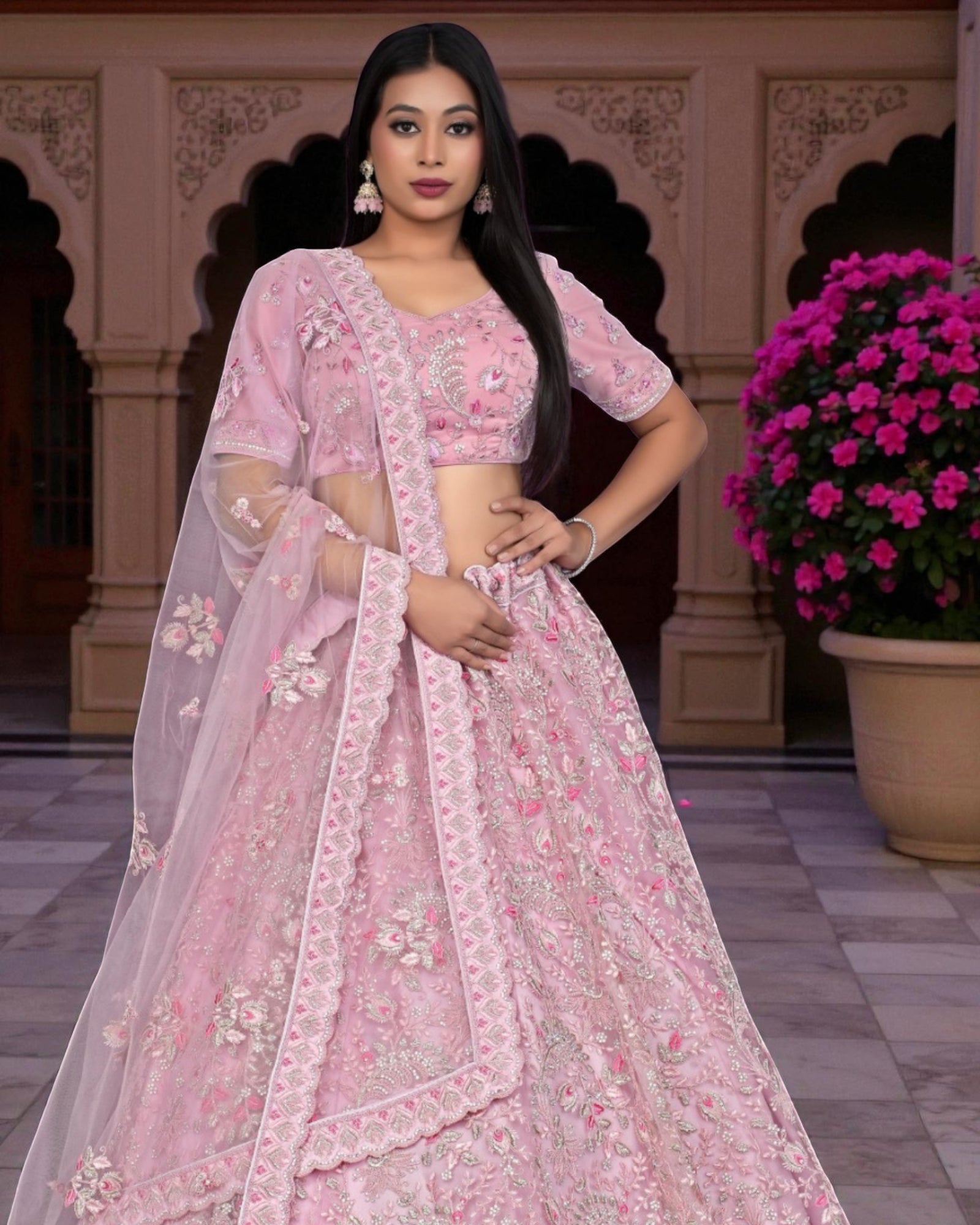 Baby Pink Cotton Semi Stitched Lehenga Set