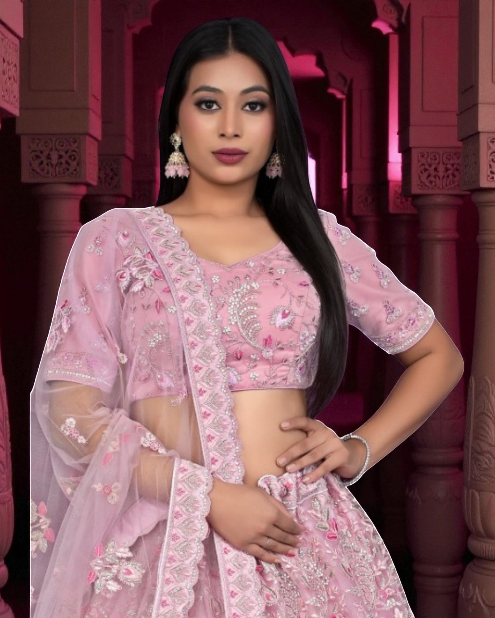Baby Pink Cotton Semi Stitched Lehenga Set