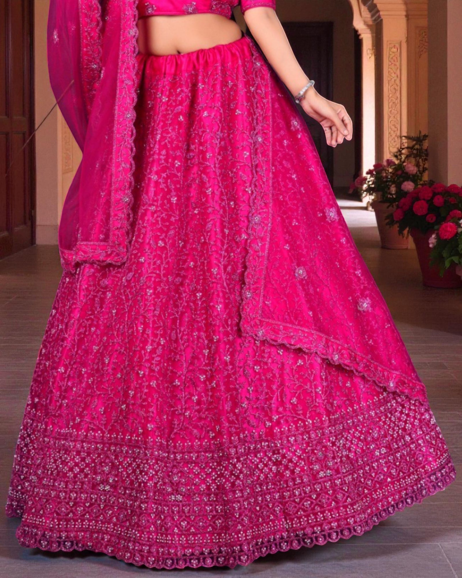 Dark Pink Semi Stitched Lehenga Set