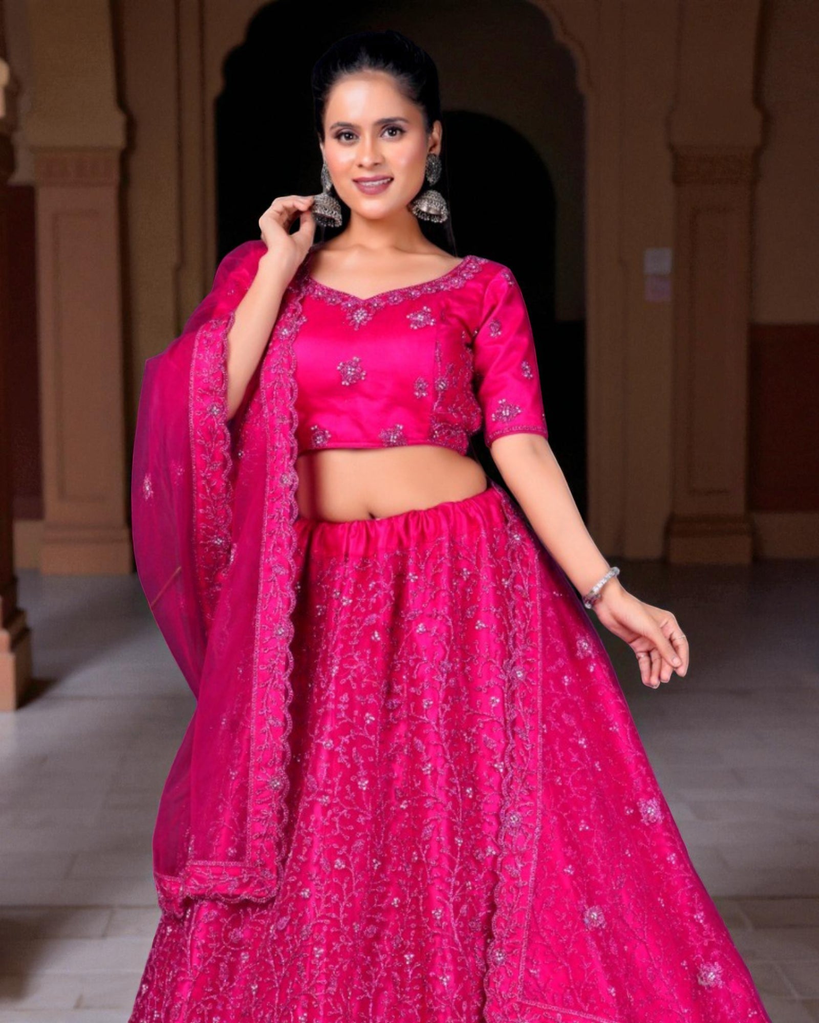 Dark Pink Semi Stitched Lehenga Set