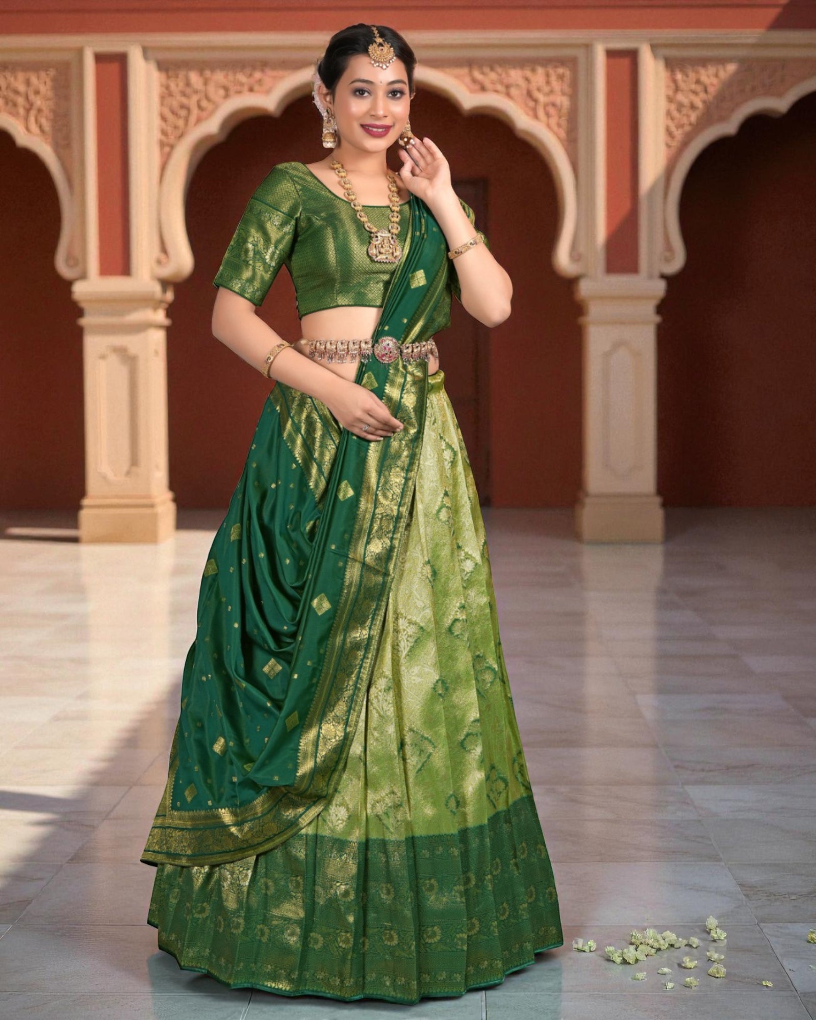 Green Banarasi Silk Half Saree with Zari Detailing