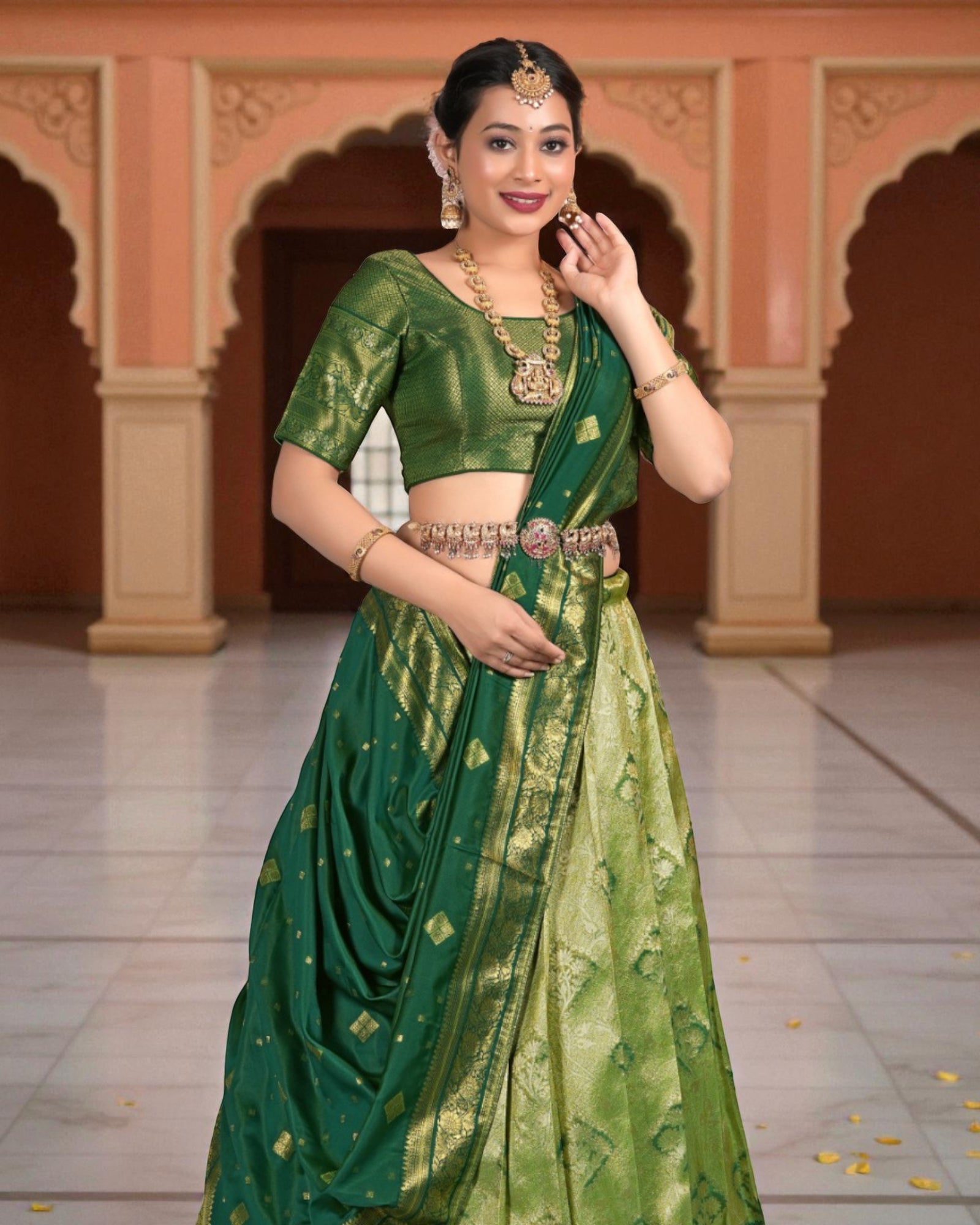 Green Banarasi Silk Half Saree with Zari Detailing