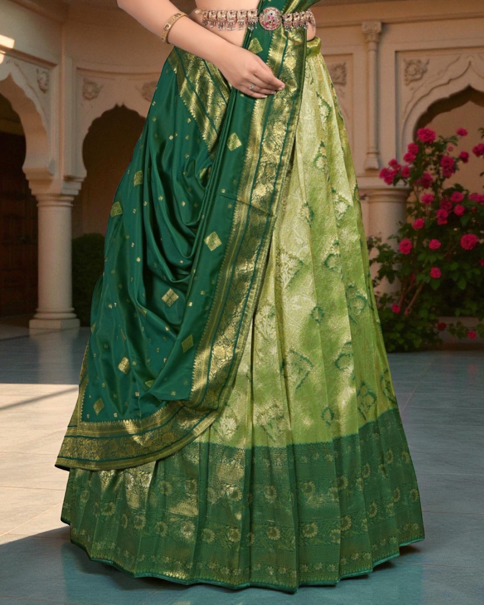 Green Banarasi Silk Half Saree with Zari Detailing