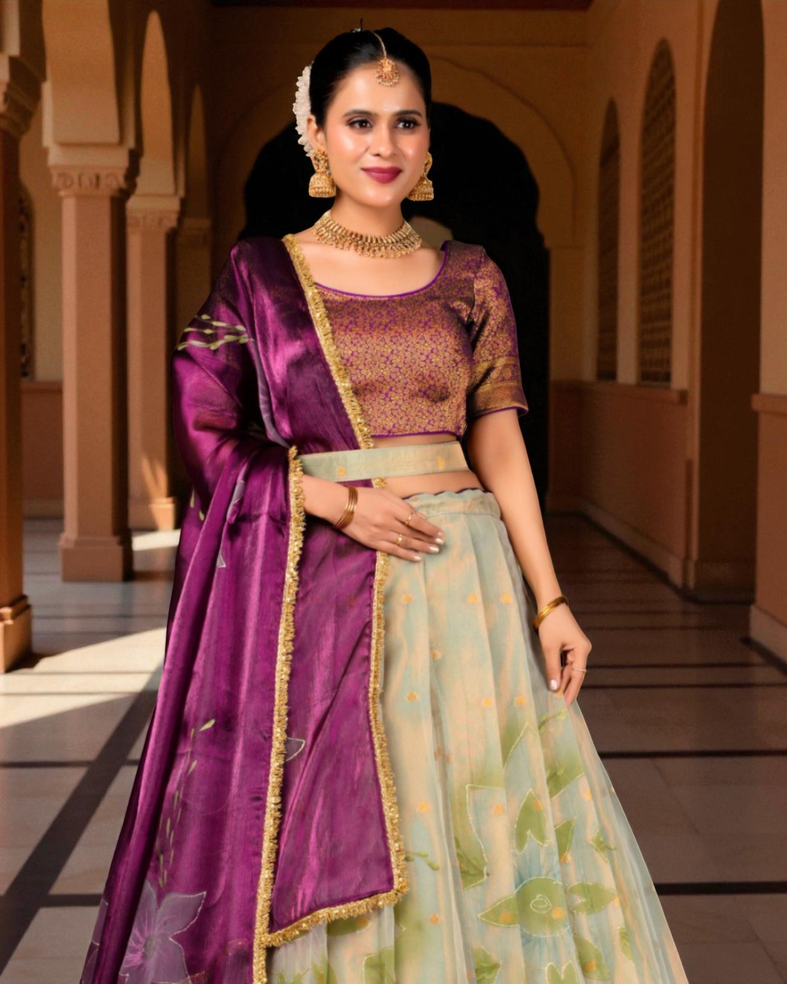Floral Zari Detailed Semi Stitched Lehenga