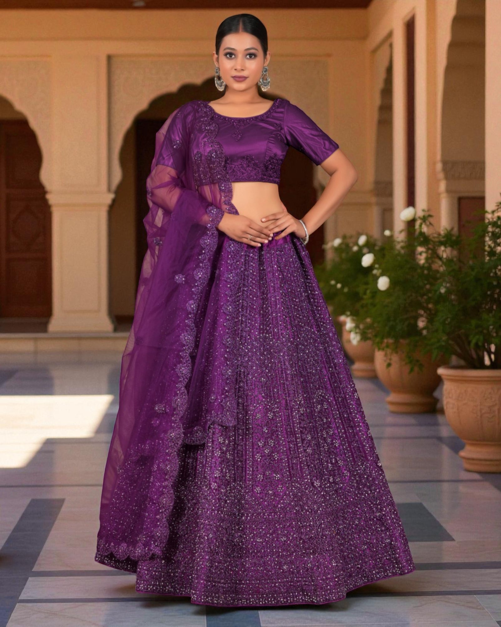 Purple Semi Stitched Artistic Lehenga Set