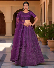 Purple Semi Stitched Artistic Lehenga Set