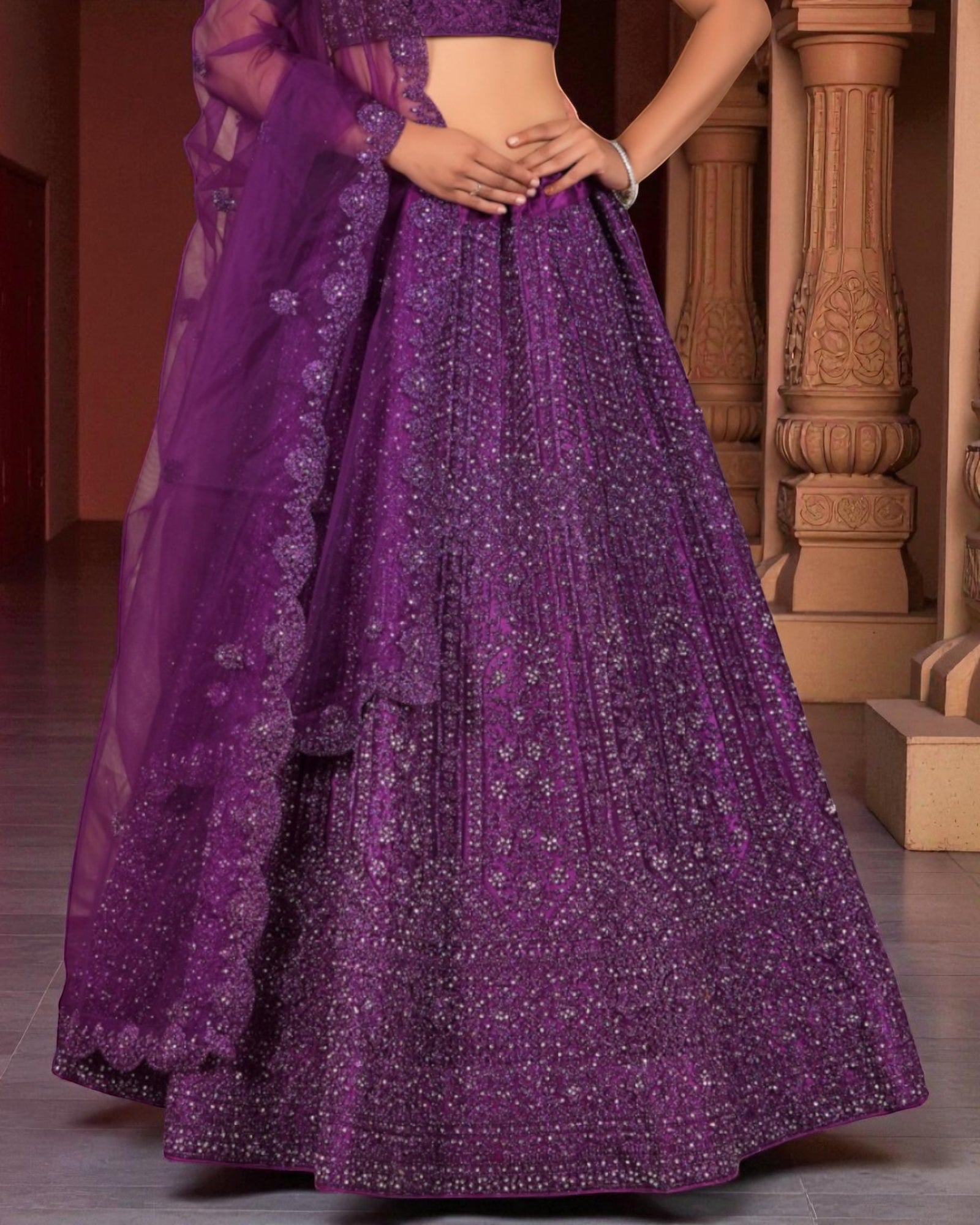 Purple Semi Stitched Artistic Lehenga Set