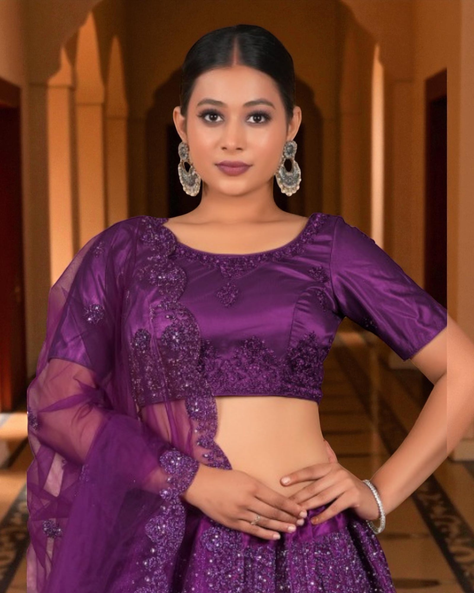 Purple Semi Stitched Artistic Lehenga Set