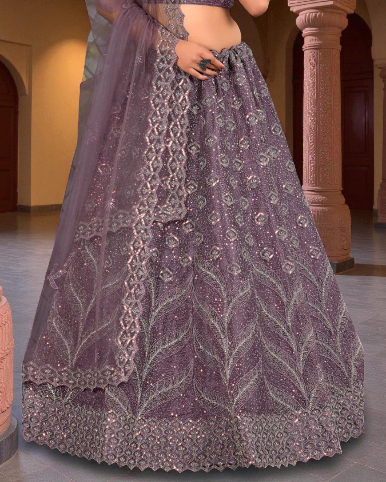 Ivory Beadwork Semi Stitched Bridal Lehenga