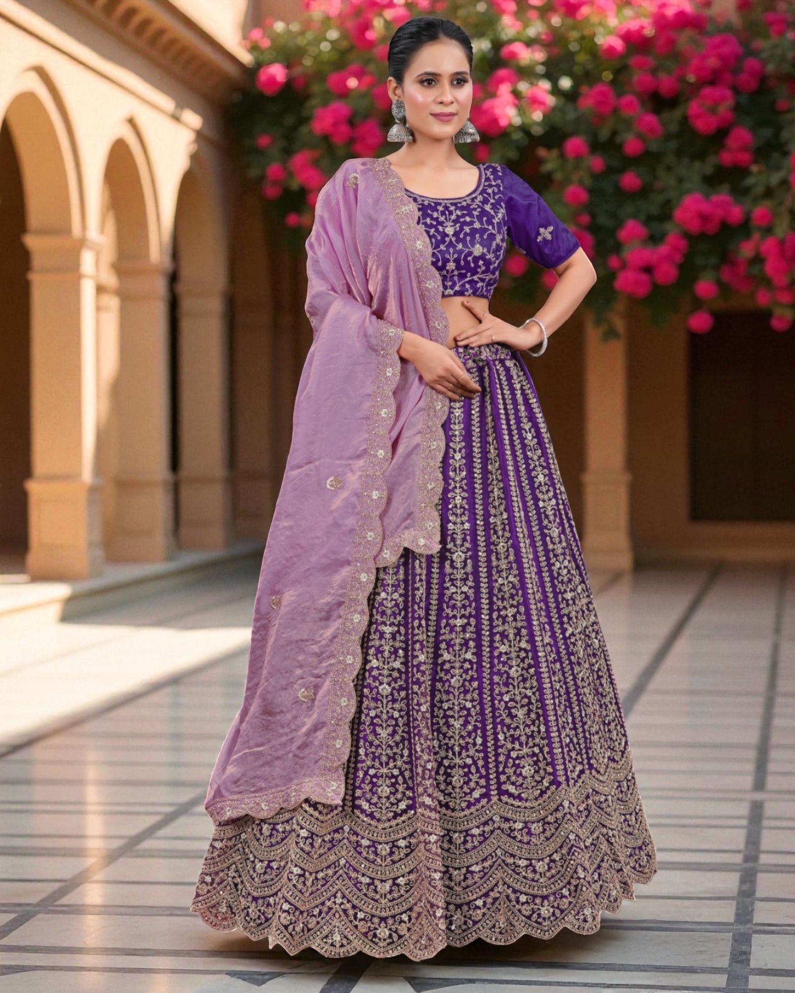 Purple Semi Stitched Lehenga Set