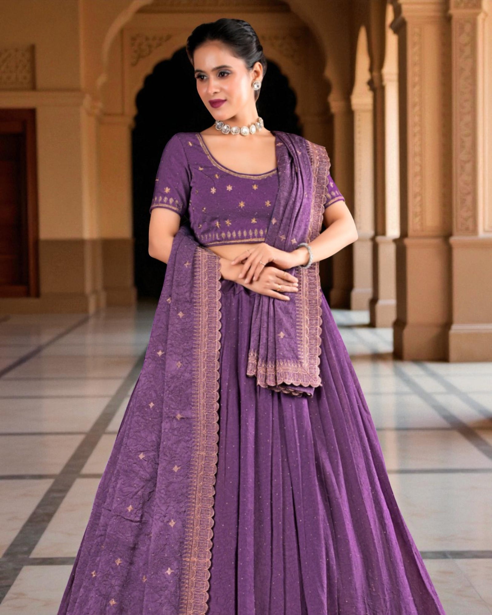 Dark Purple Georgette Embroidered Lehenga