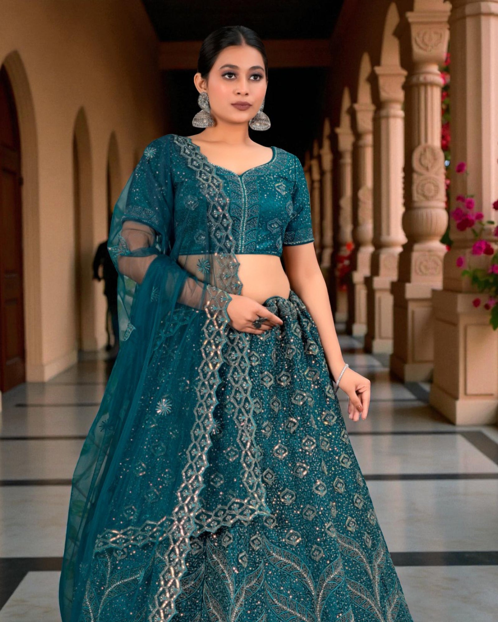 Green Beadwork Semi Stitched Lehenga Set