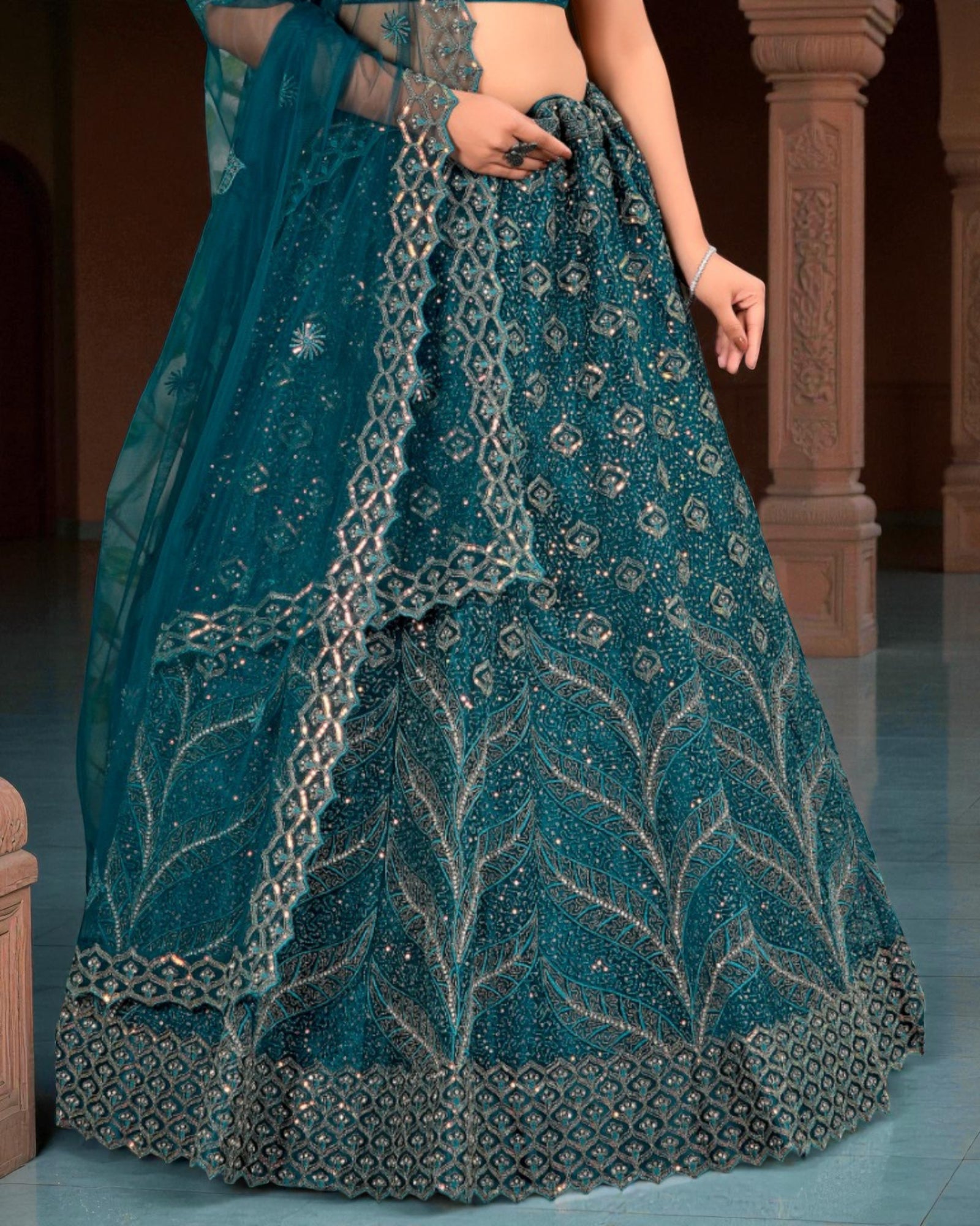 Green Beadwork Semi Stitched Lehenga Set