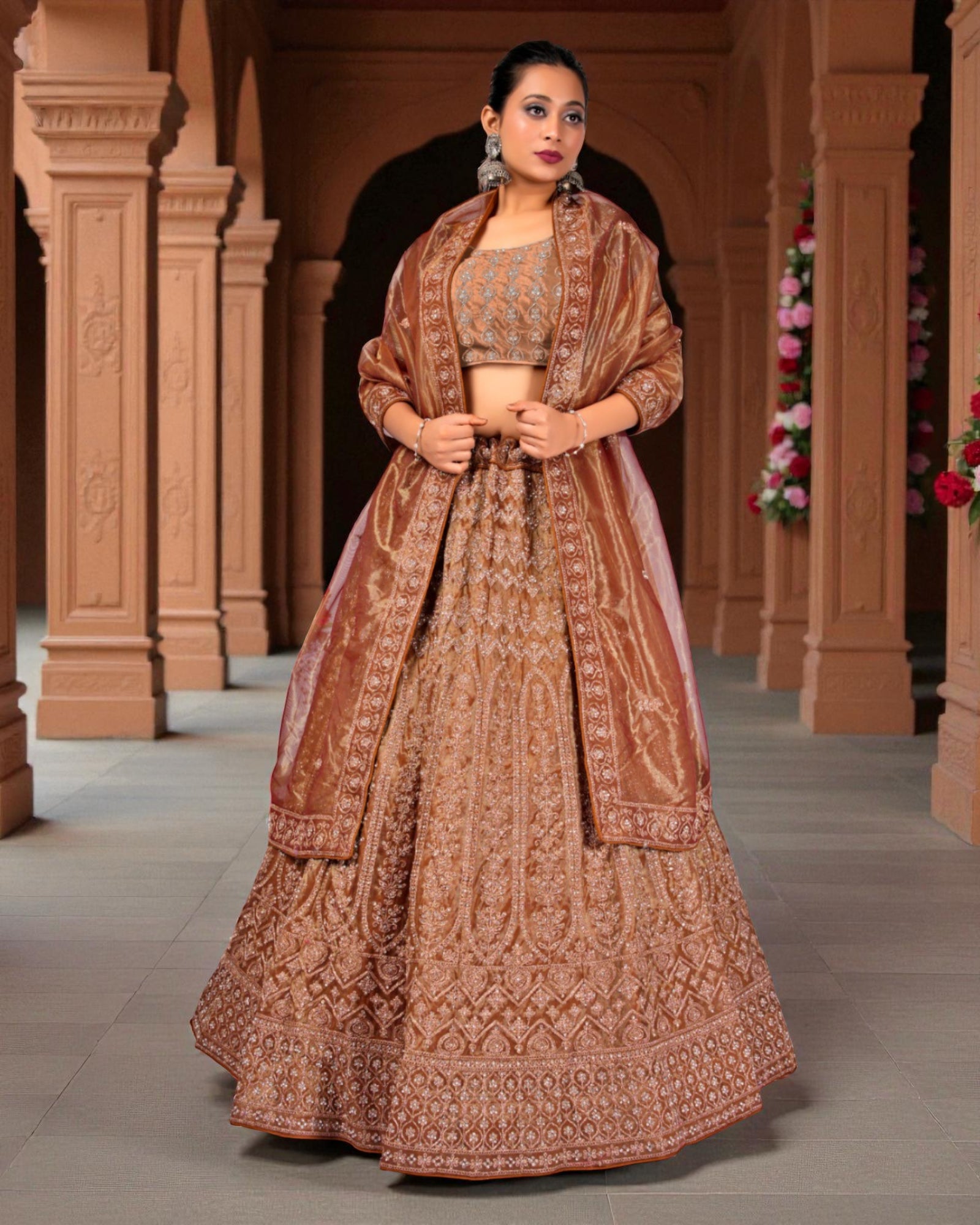 Rust Twill Net Artisan Embroidered Lehenga