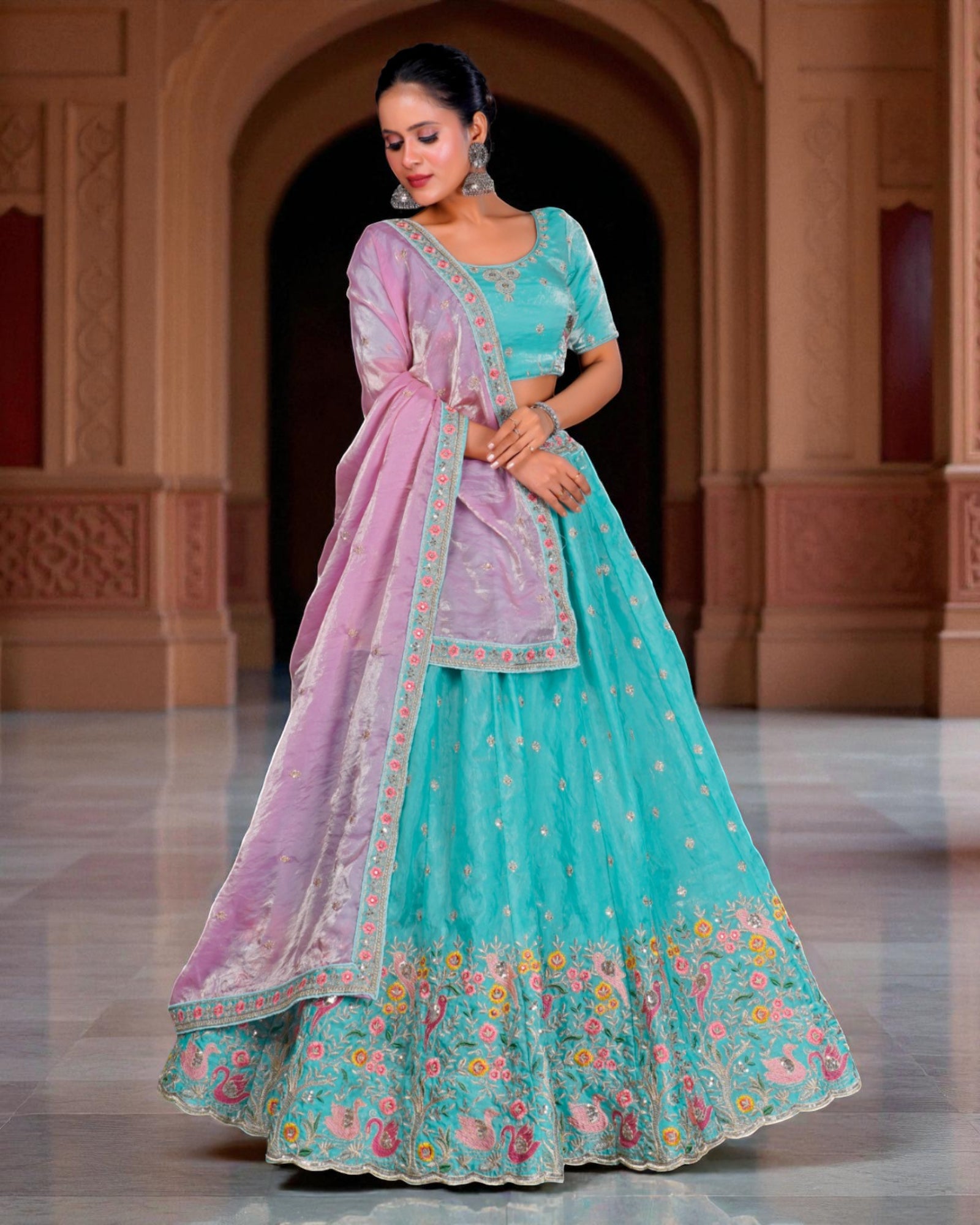 Green Sequined Thread Embroidered Lehenga Set