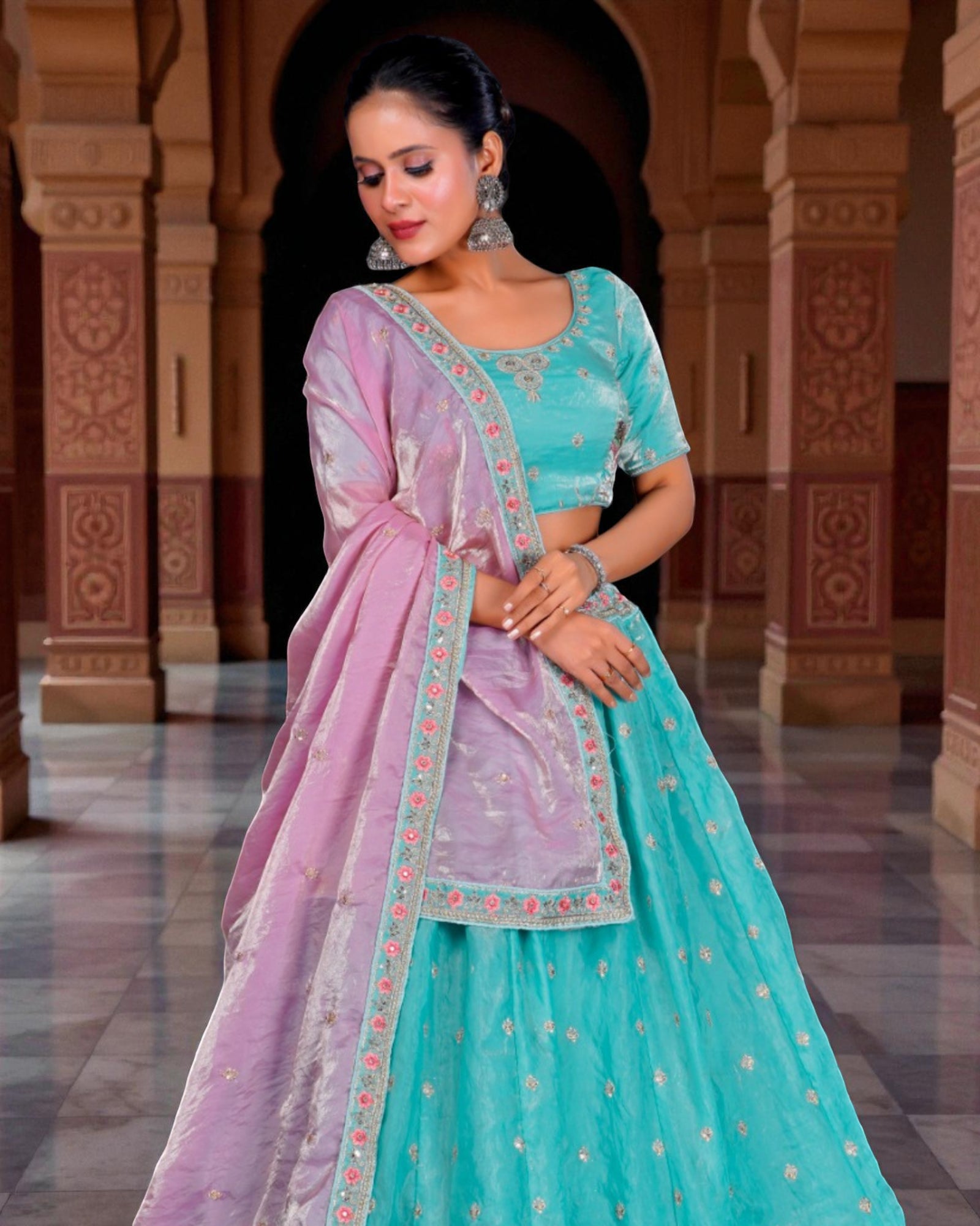Green Sequined Thread Embroidered Lehenga Set