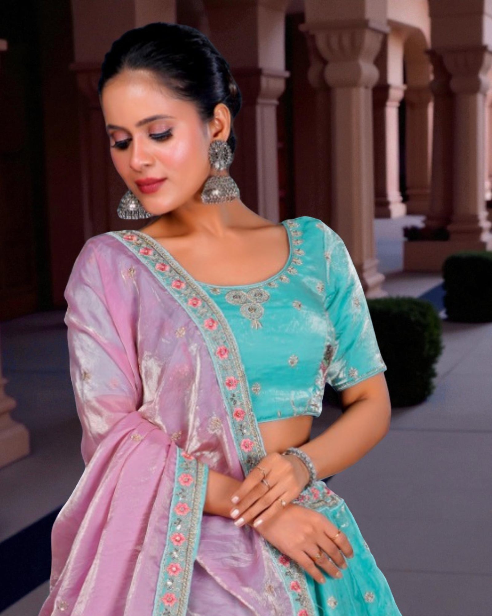 Green Sequined Thread Embroidered Lehenga Set
