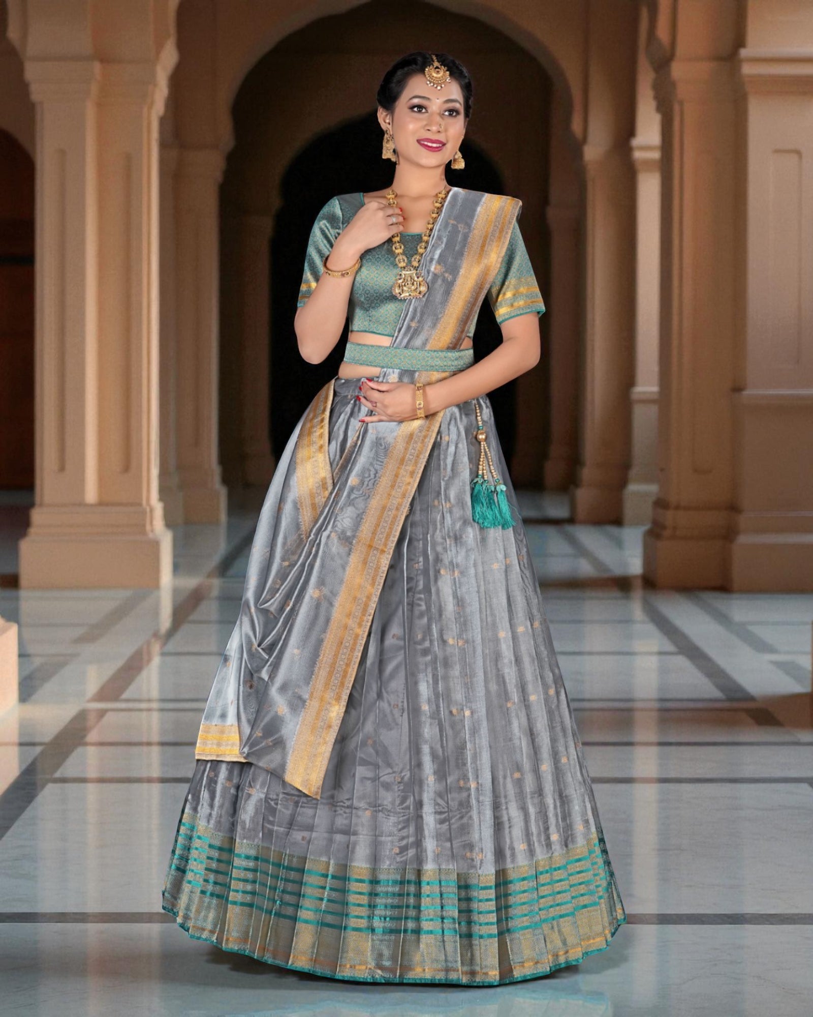 Silver Zari Embellished Half Saree
