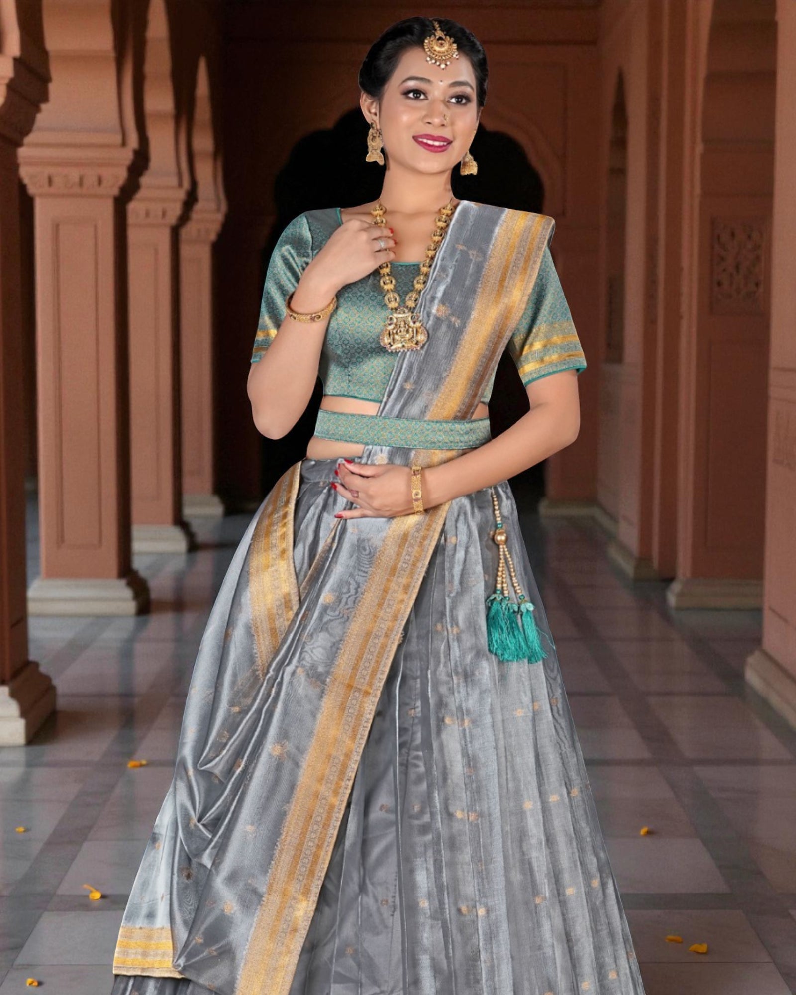 Silver Zari Embellished Half Saree