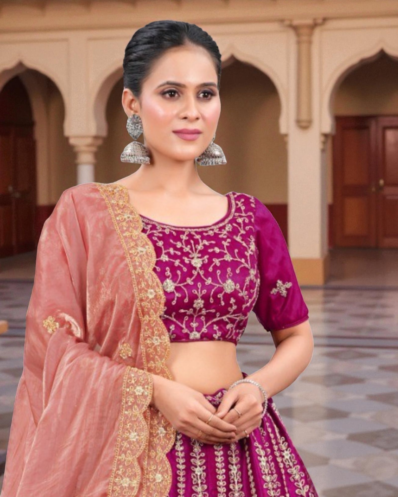 Thread Embroidered Semi Stitched Lehenga