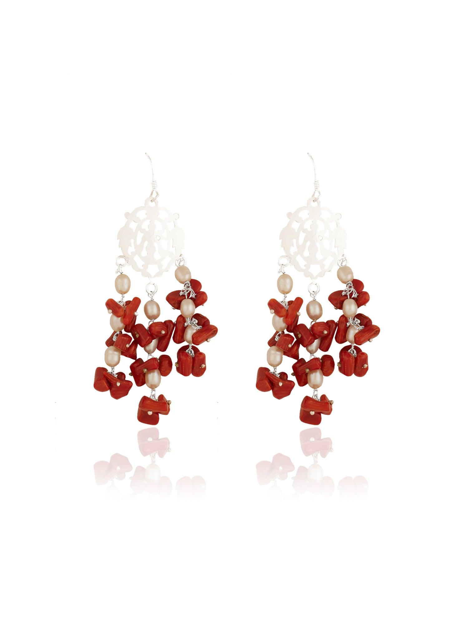 Natural Beauty Coral and Pearl Danglers - Dyulokha