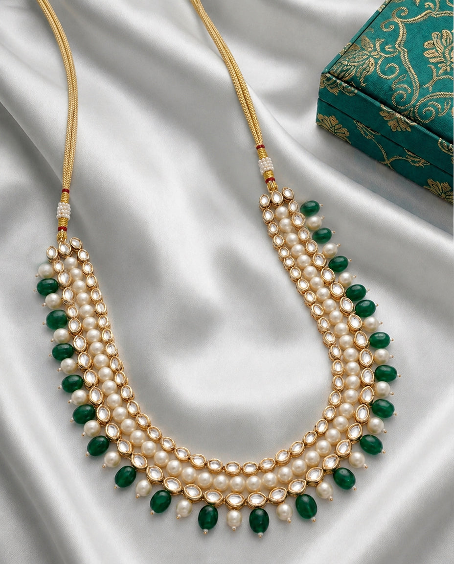 Kundan Emerald Pearls Long Necklace