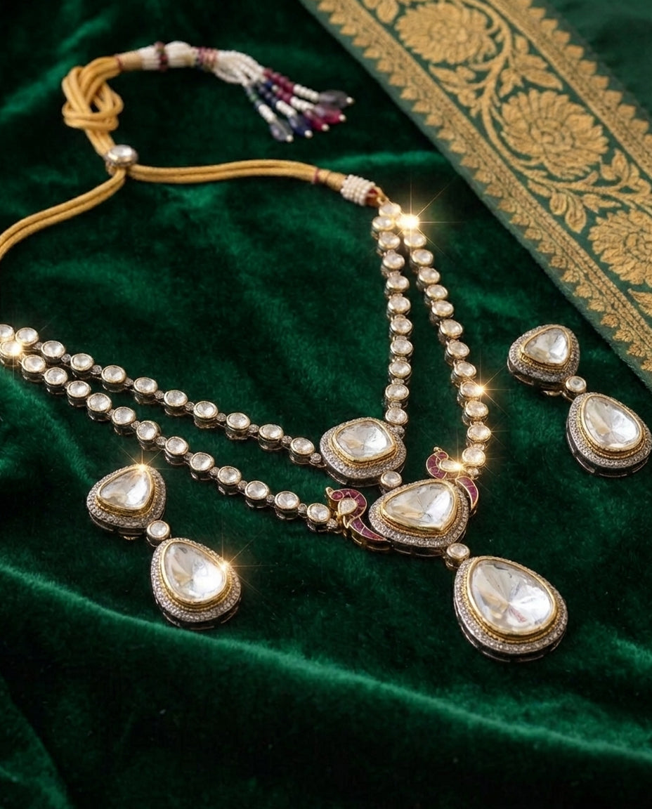 Gleaming Polki Double Layer Necklace Set
