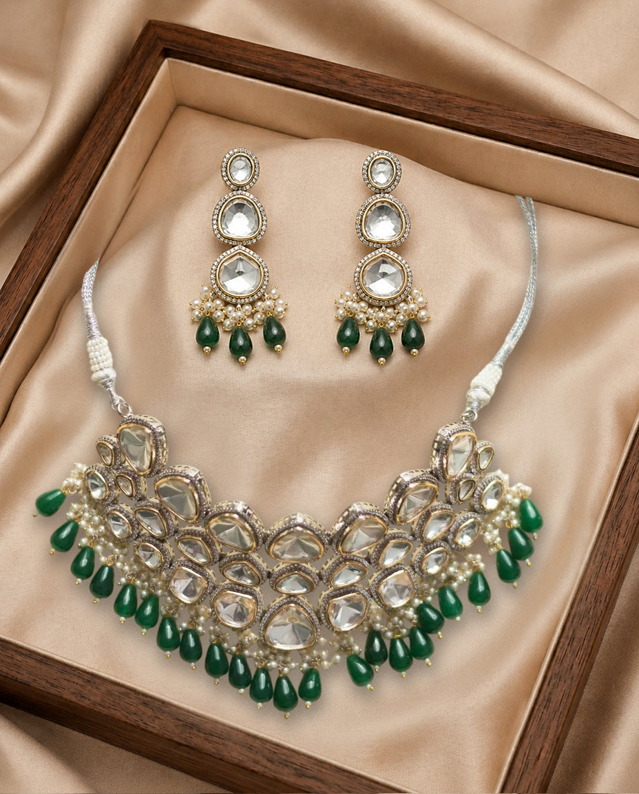 Emerald Beaded Polki Necklace Set