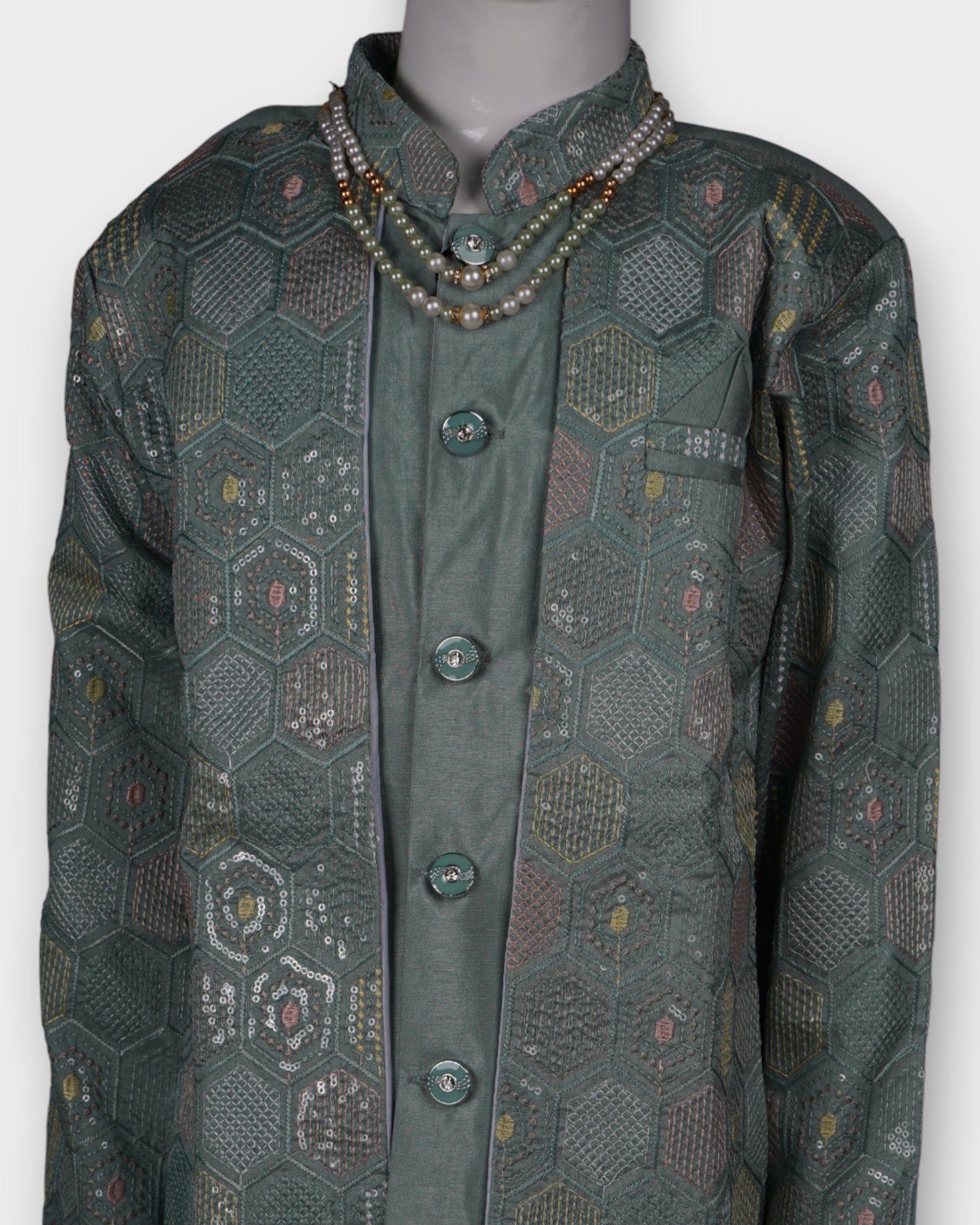 Transform your presence in this exquisite embroidered sherwani