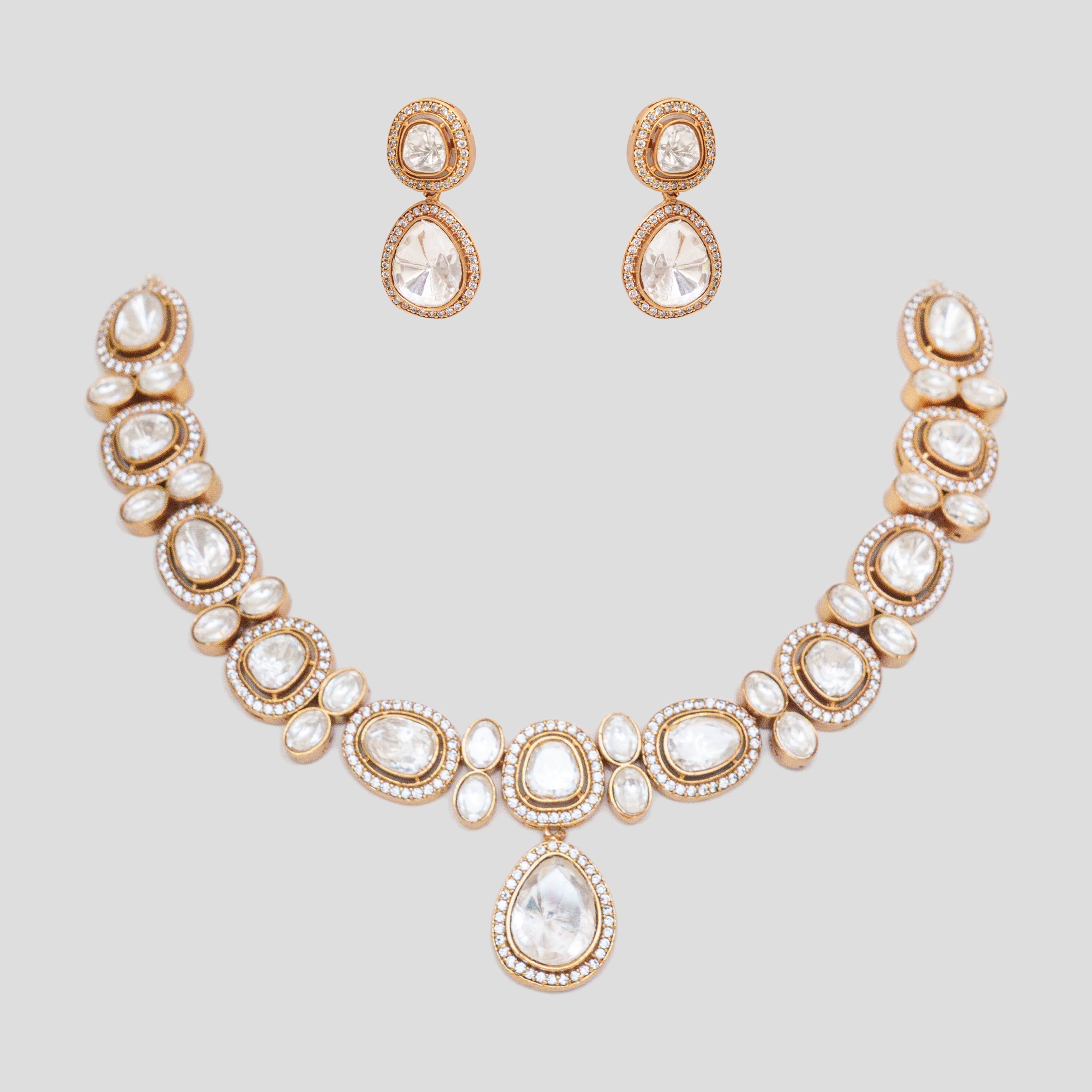 Statement Gold Necklace with Large White Kundan Stones