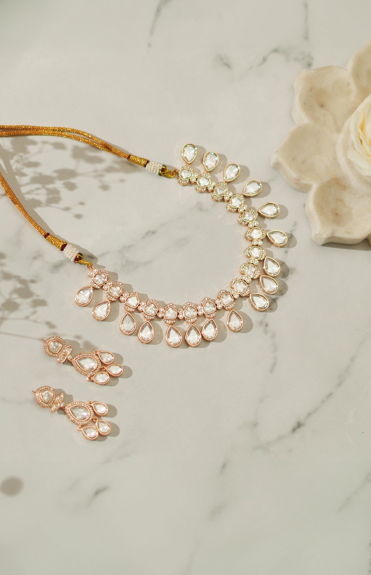 Elegant Double-Layer Gold Polki Necklace with Matching Earrings