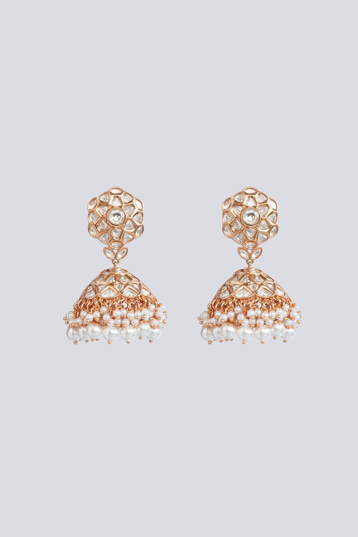 Classic Gold Jhumka Earrings with White Kundan and Pearls