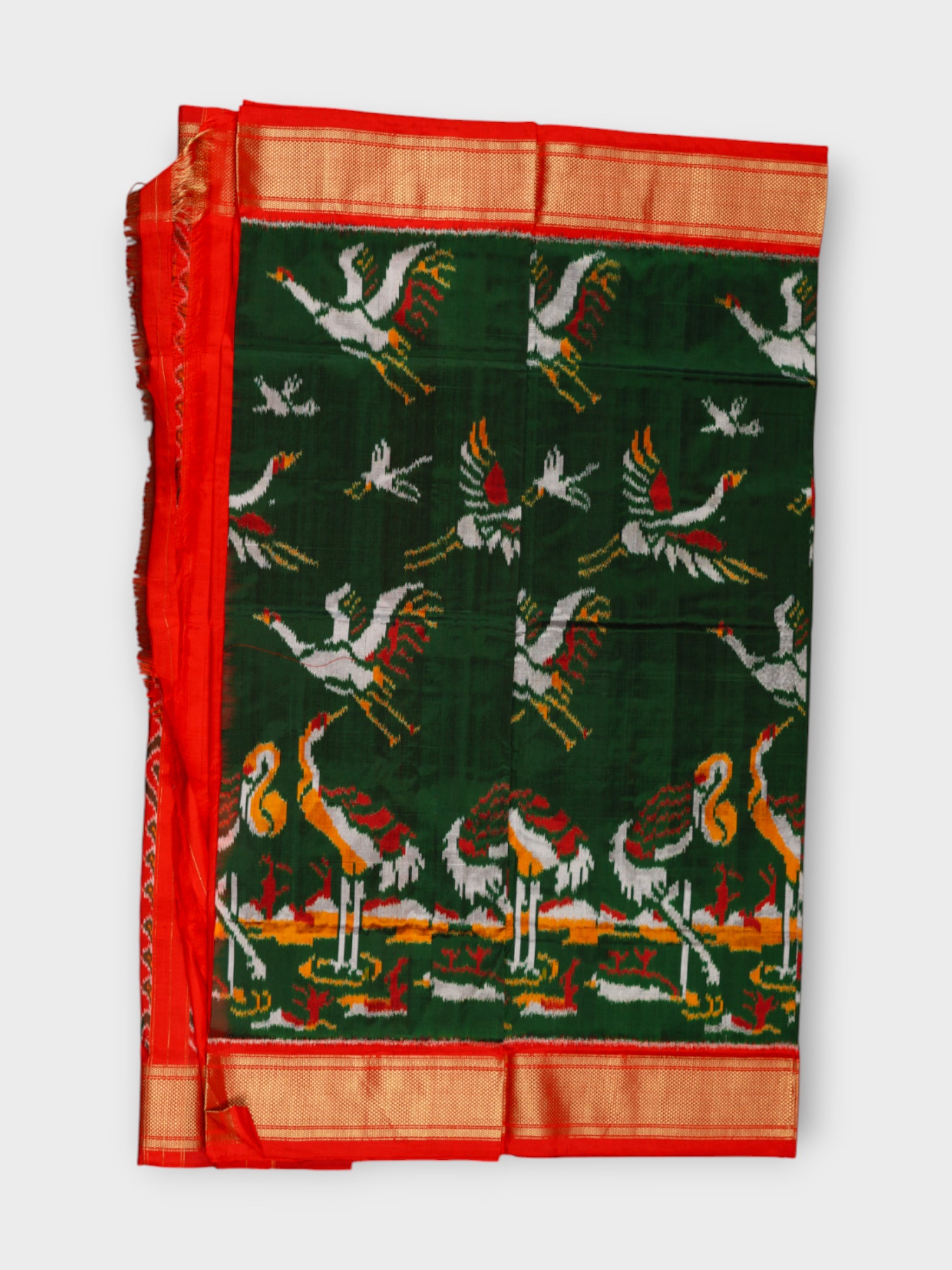 Bottle Green Pochampally Silk Animal Print Saree