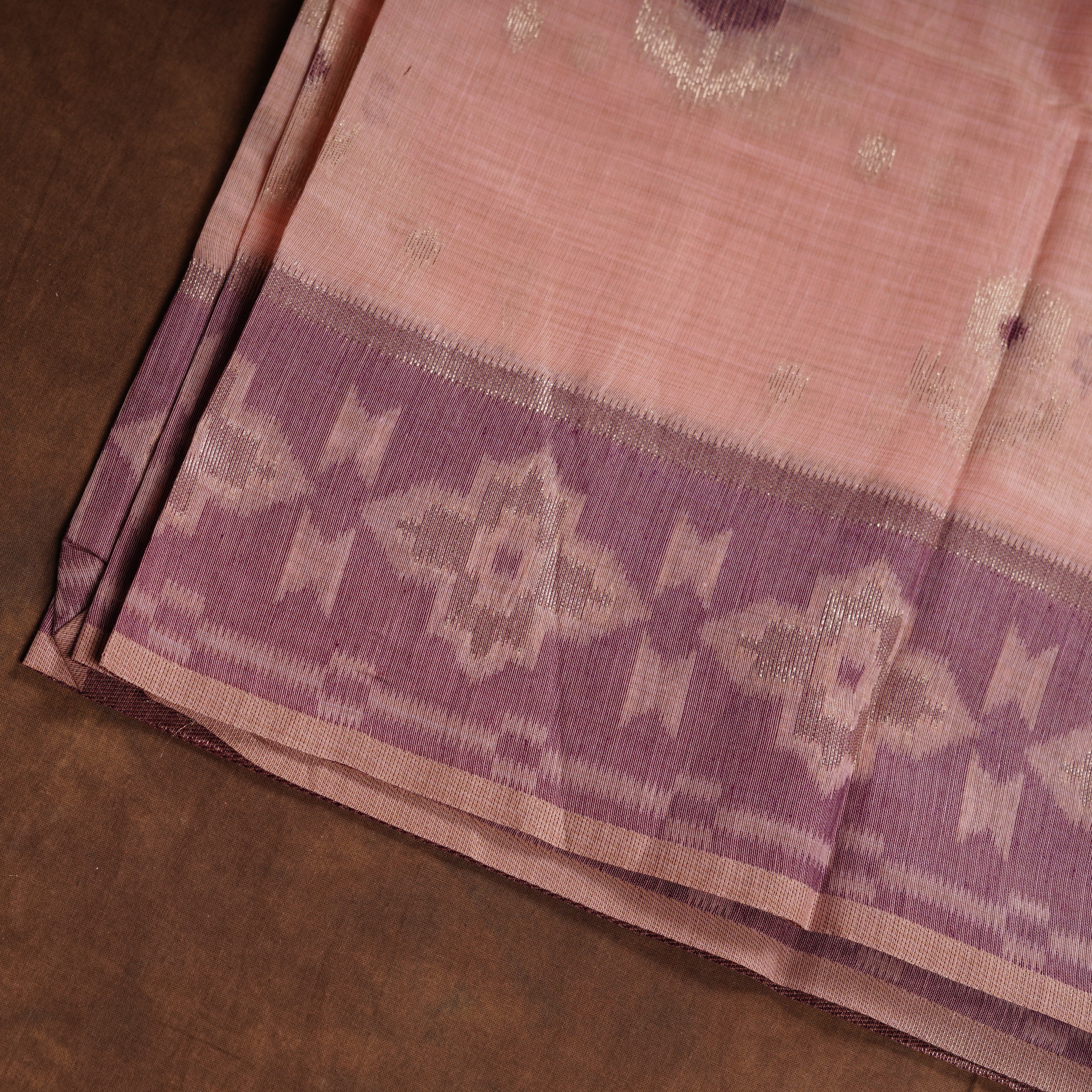 Peach Floral Chanderi Saree With Gold Zari