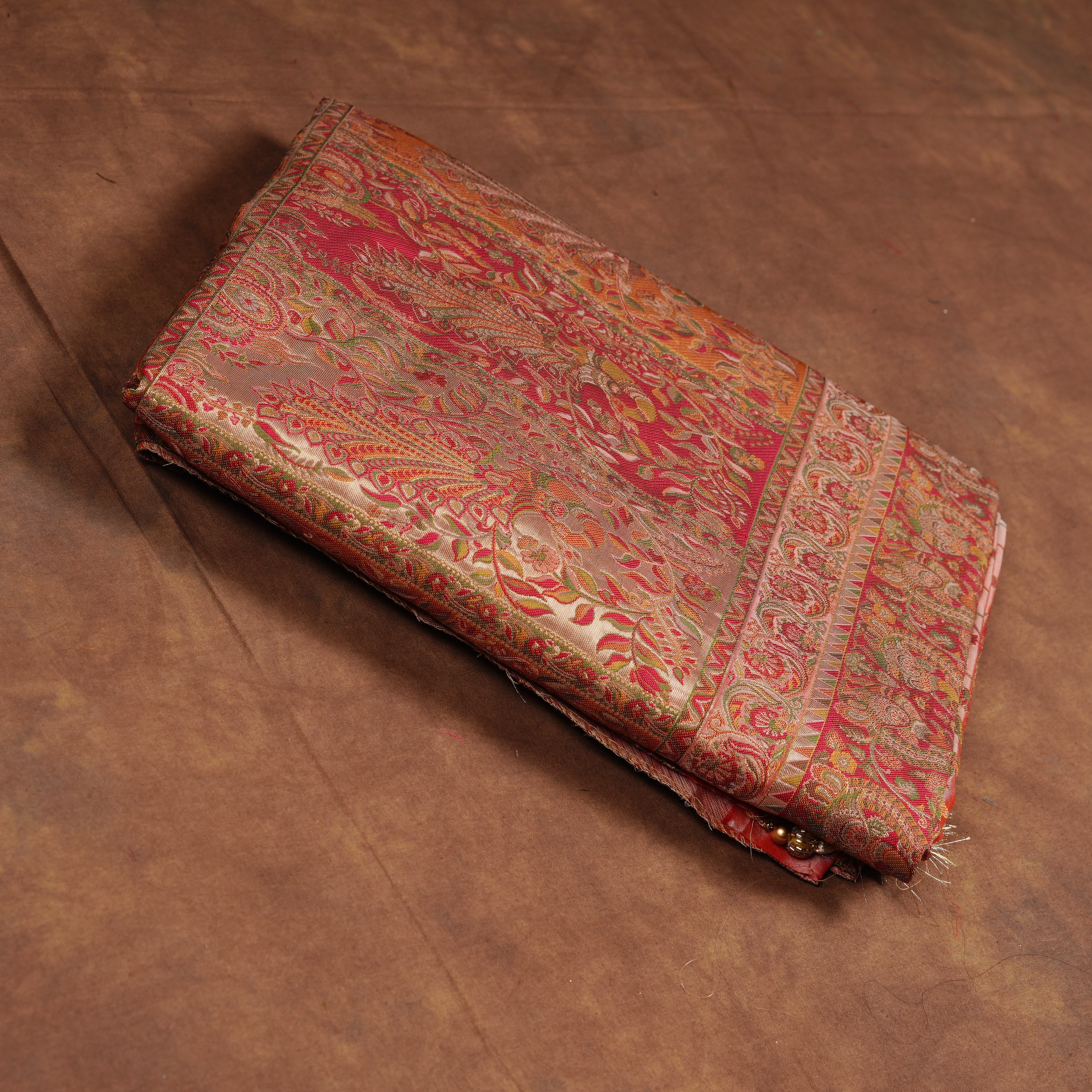 Peach Dola Silk Saree With Peacock Pashmina Artistry