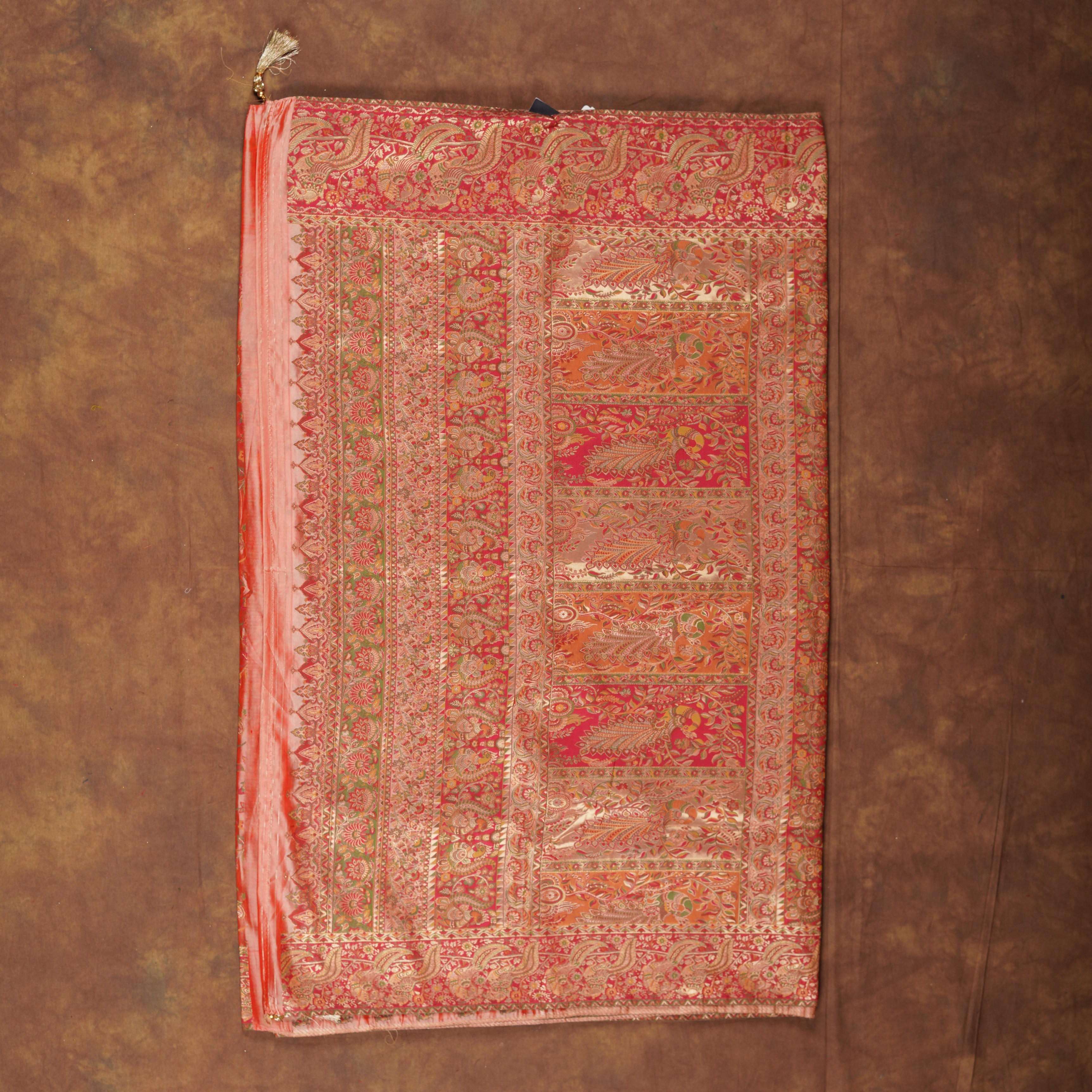 Peach Dola Silk Saree With Peacock Pashmina Artistry