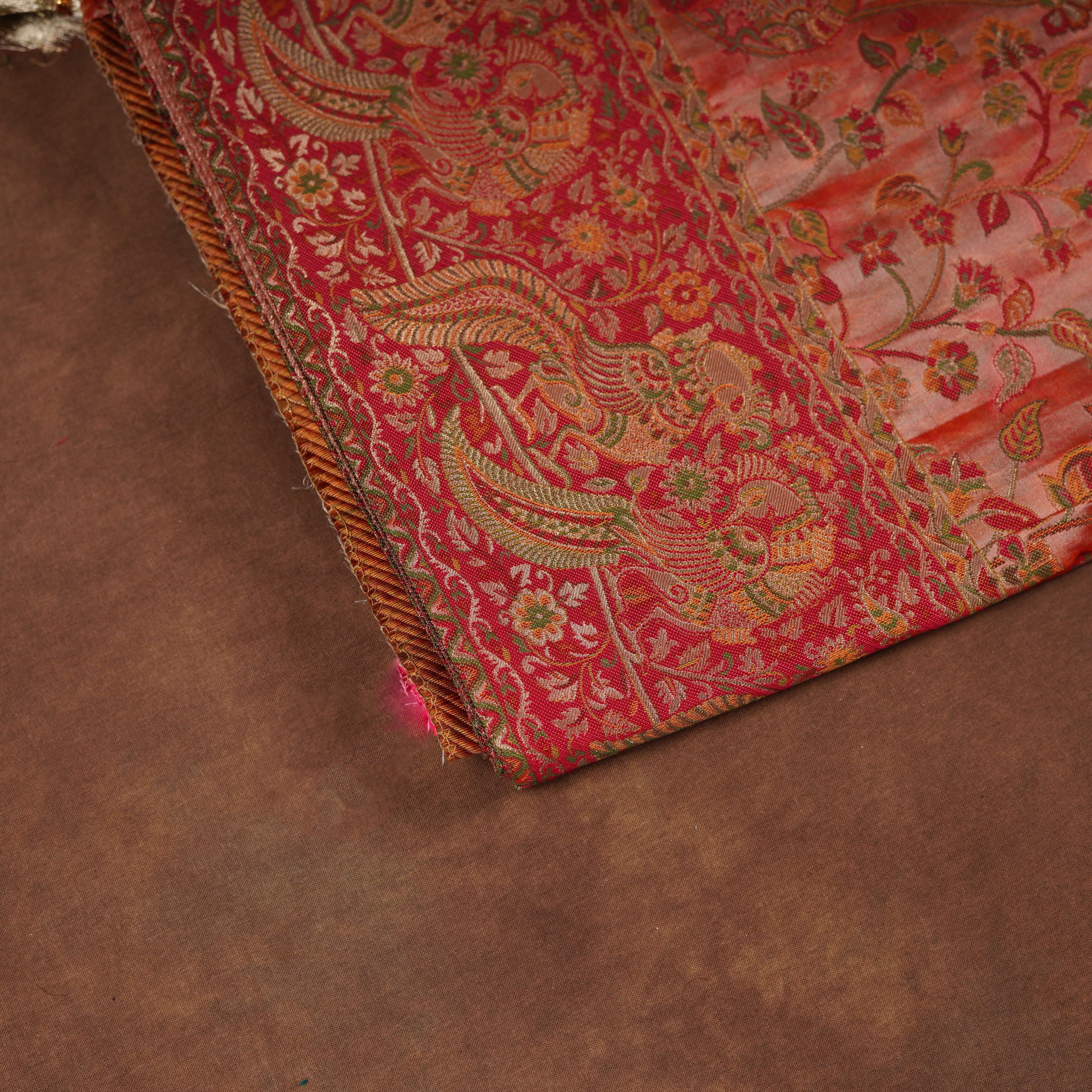 Peach Dola Silk Saree With Peacock Pashmina Artistry