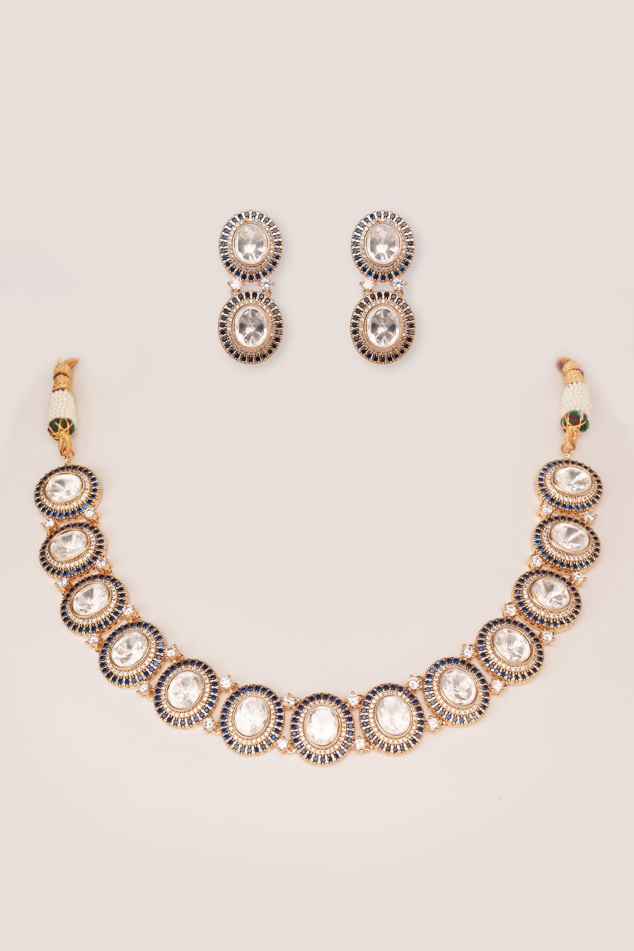 Elegant White Kundan & Sapphire Gold Necklace Set