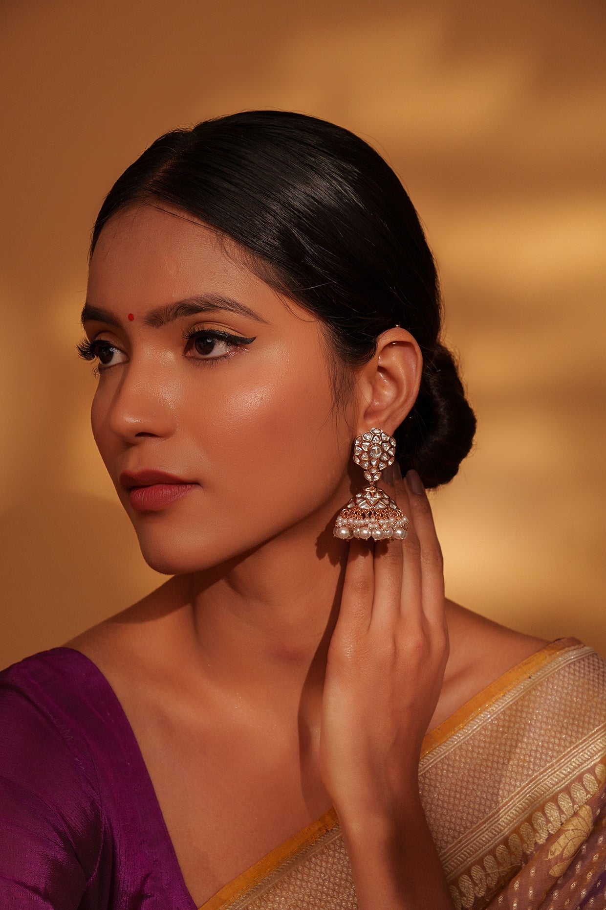Classic Gold Jhumka Earrings with White Kundan and Pearls
