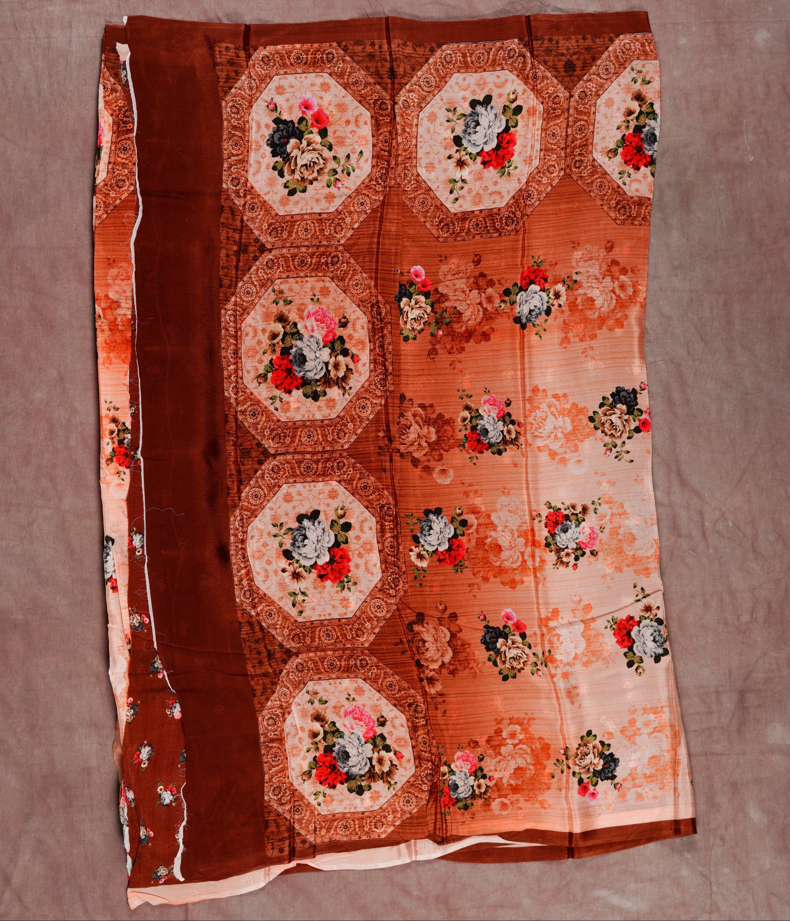 Heritage Blooms Handloom Brown Crepe Saree & Blouse