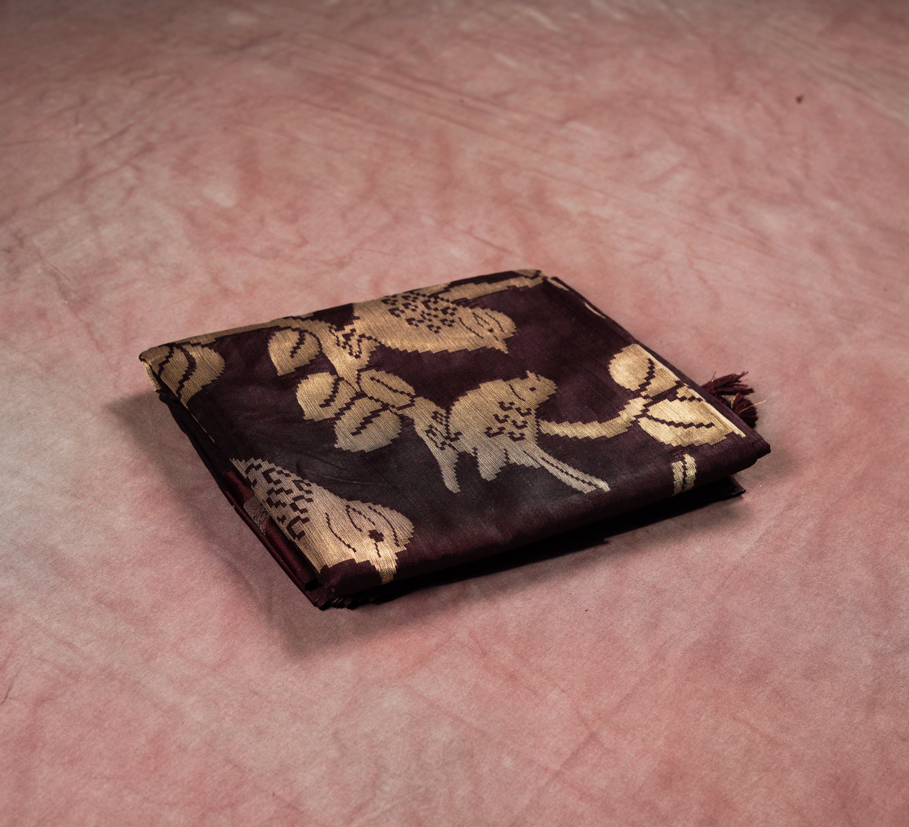 Cherish Heritage Dark Brown Katan Silk Saree with Bird Motif