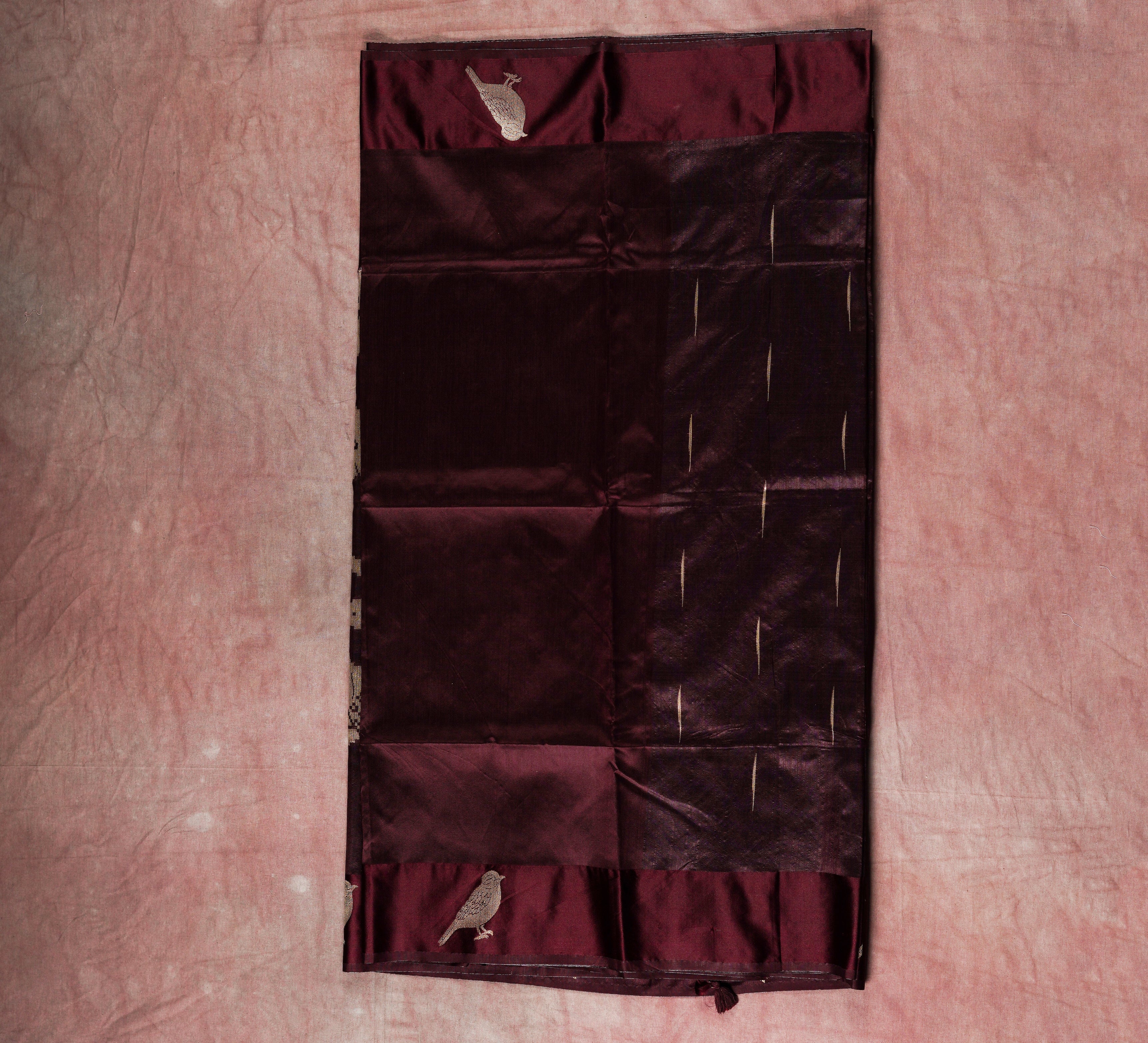 Cherish Heritage Dark Brown Katan Silk Saree with Bird Motif