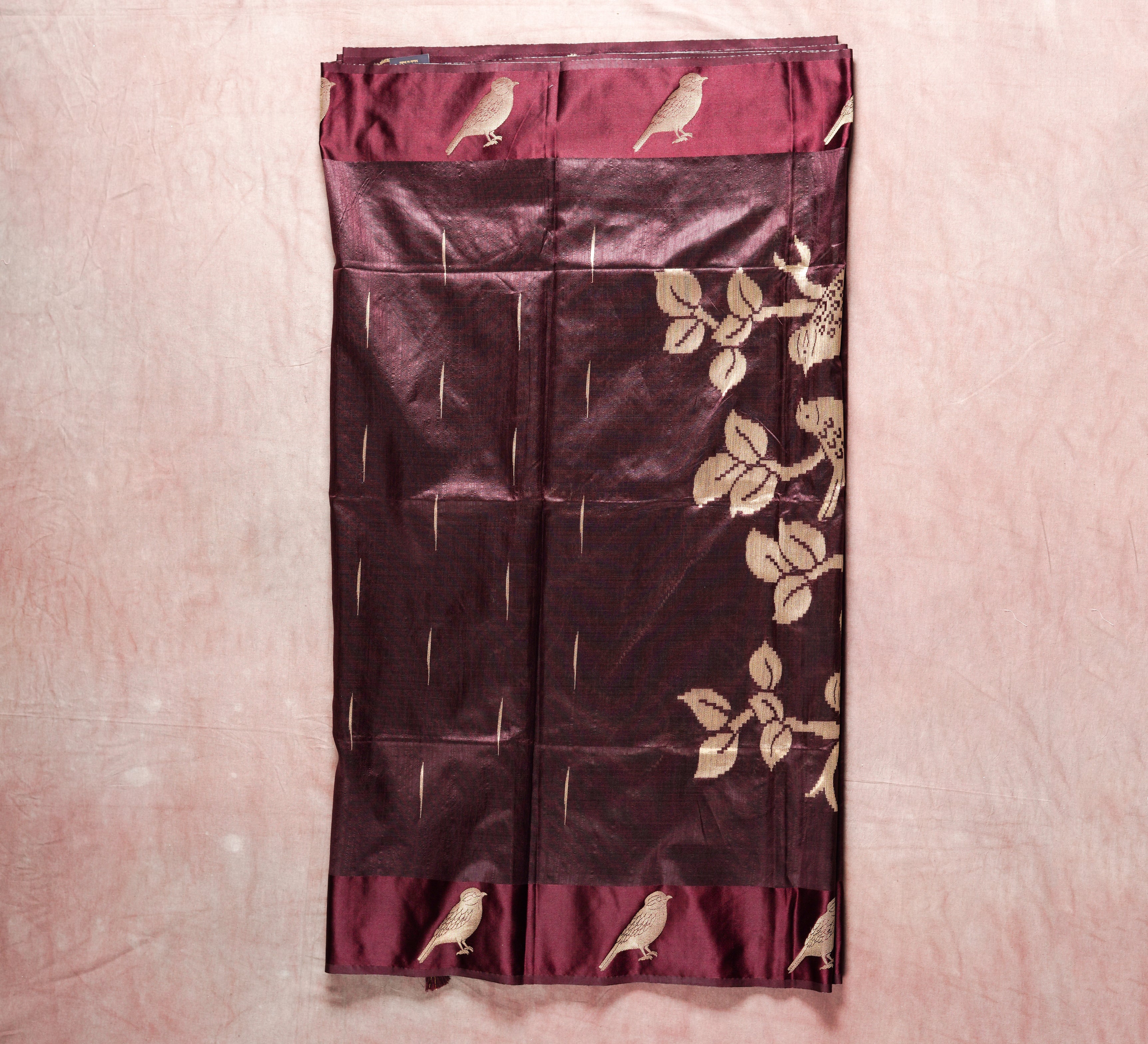 Cherish Heritage Dark Brown Katan Silk Saree with Bird Motif
