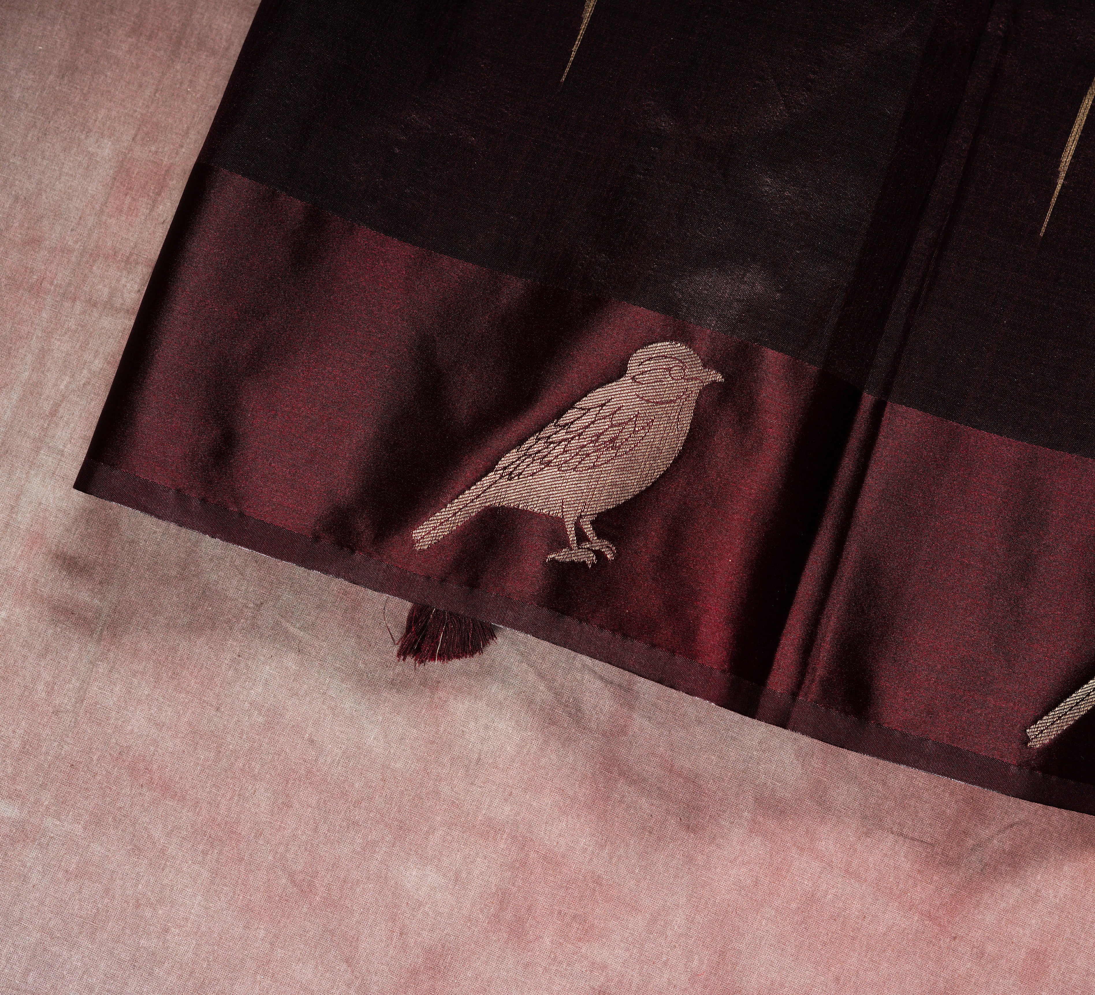 Cherish Heritage Dark Brown Katan Silk Saree with Bird Motif