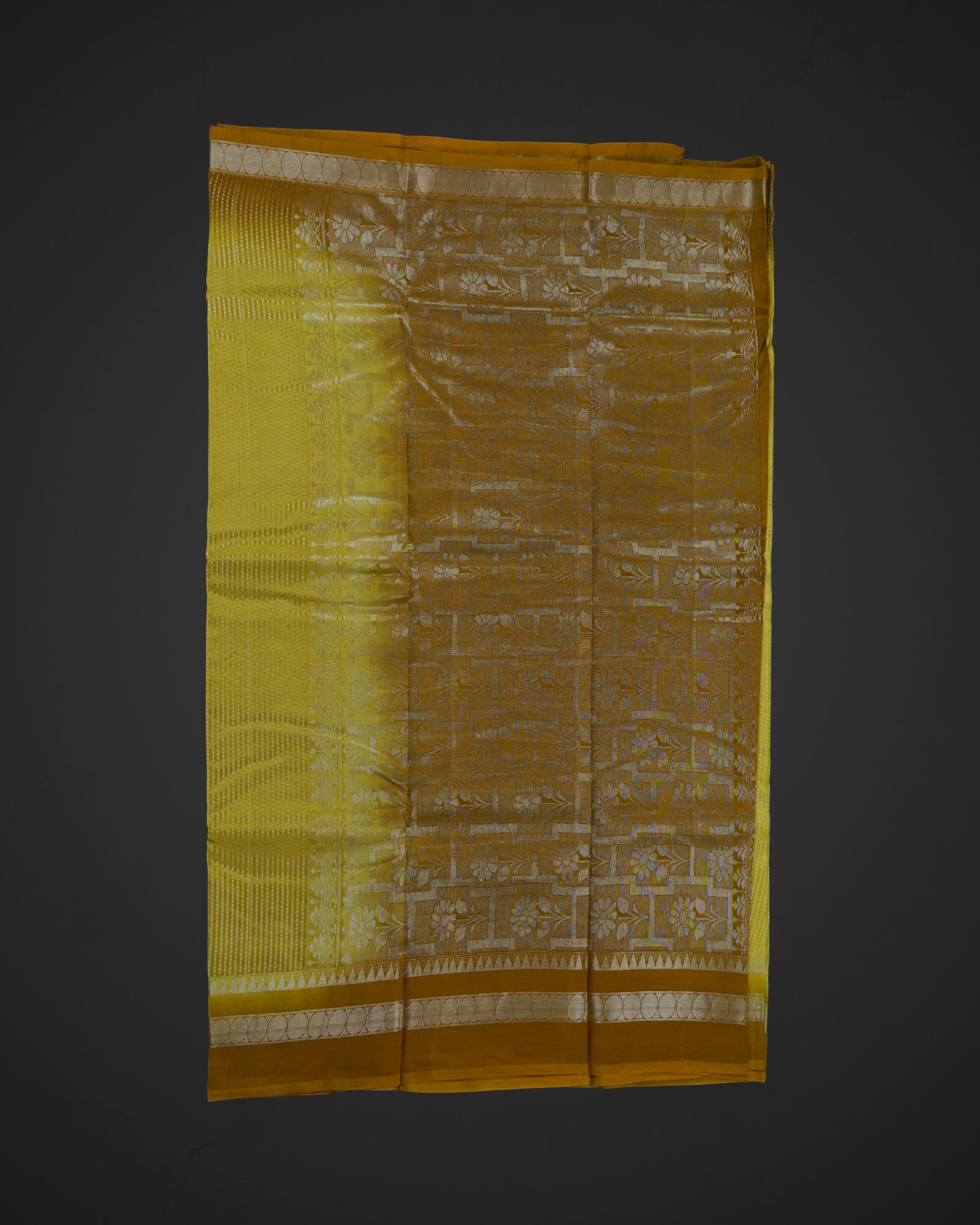 Lemon Yellow Mangalgiri Silk Saree With Silver Zari