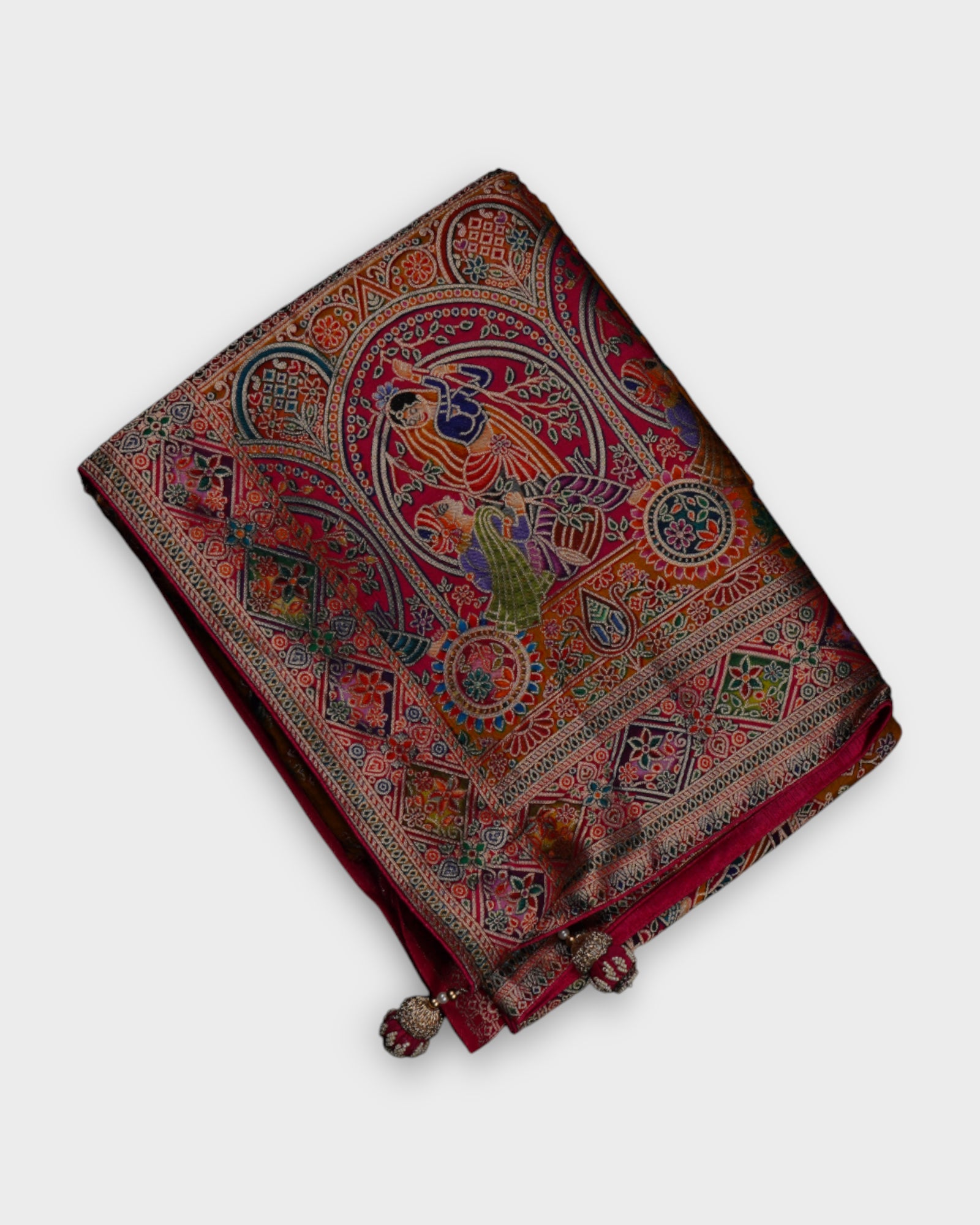 Orange Dola Silk Saree with Vibrant Peacock Design