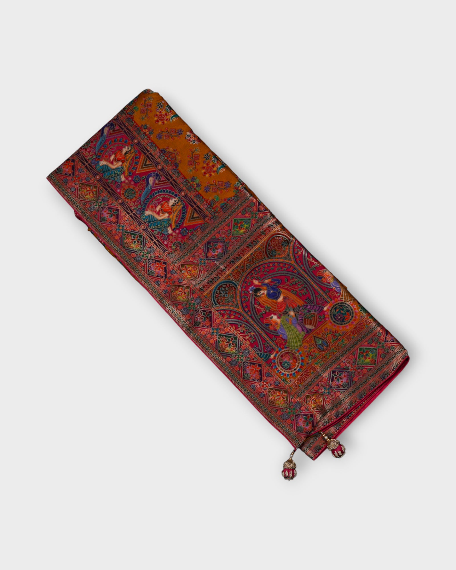Orange Dola Silk Saree with Vibrant Peacock Design